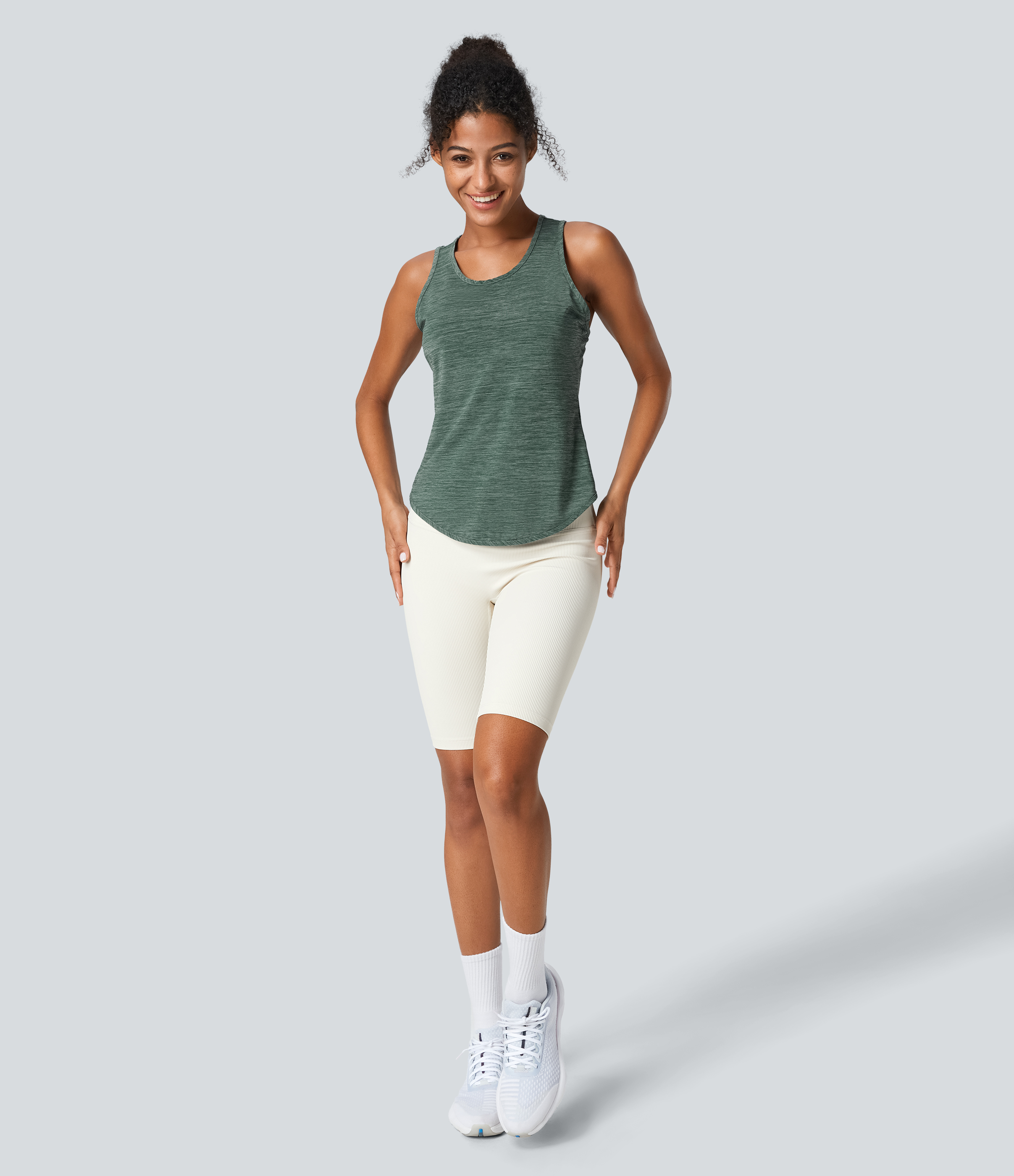 Halara Crisscross Back Curved Hem Yoga Tank Top Tank Top - Green Texture - XS golf tops halter top tunic tops sleeveless tops backless top 