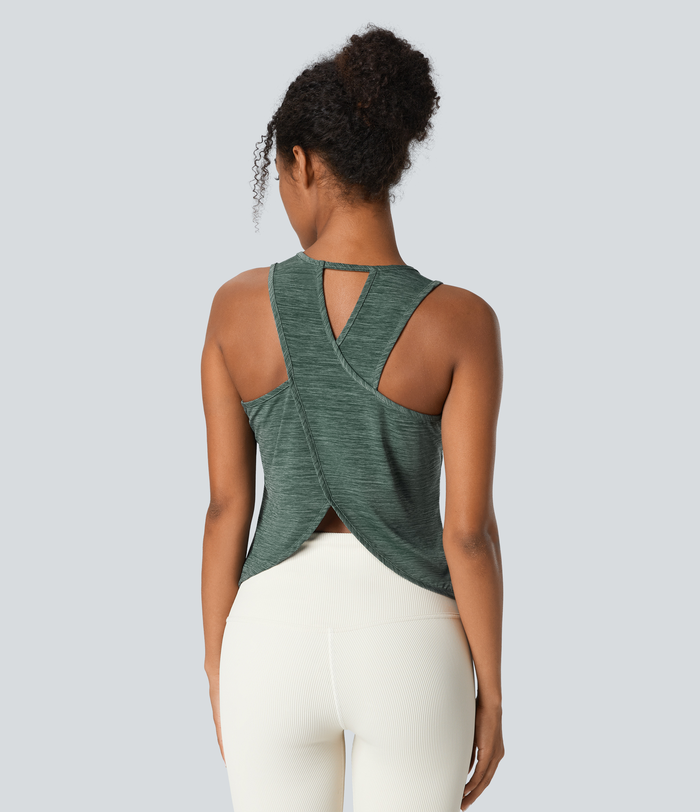 Halara Crisscross Back Curved Hem Yoga Tank Top Tank Top - Green Texture - XS golf tops halter top tunic tops sleeveless tops backless top 
