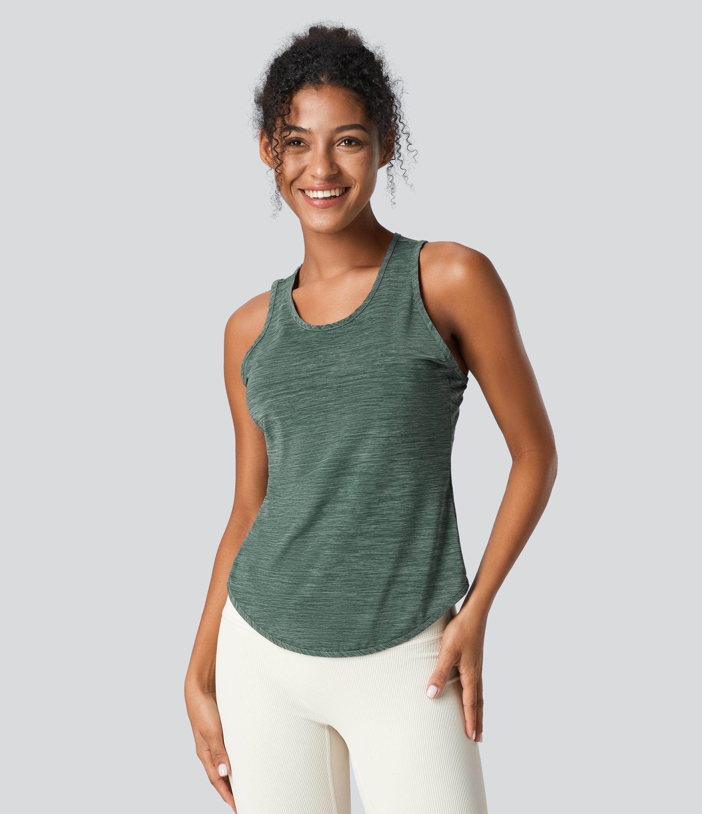 Halara Crisscross Back Curved Hem Yoga Tank Top Tank Top - Green Texture - XS golf tops halter top tunic tops sleeveless tops backless top 
