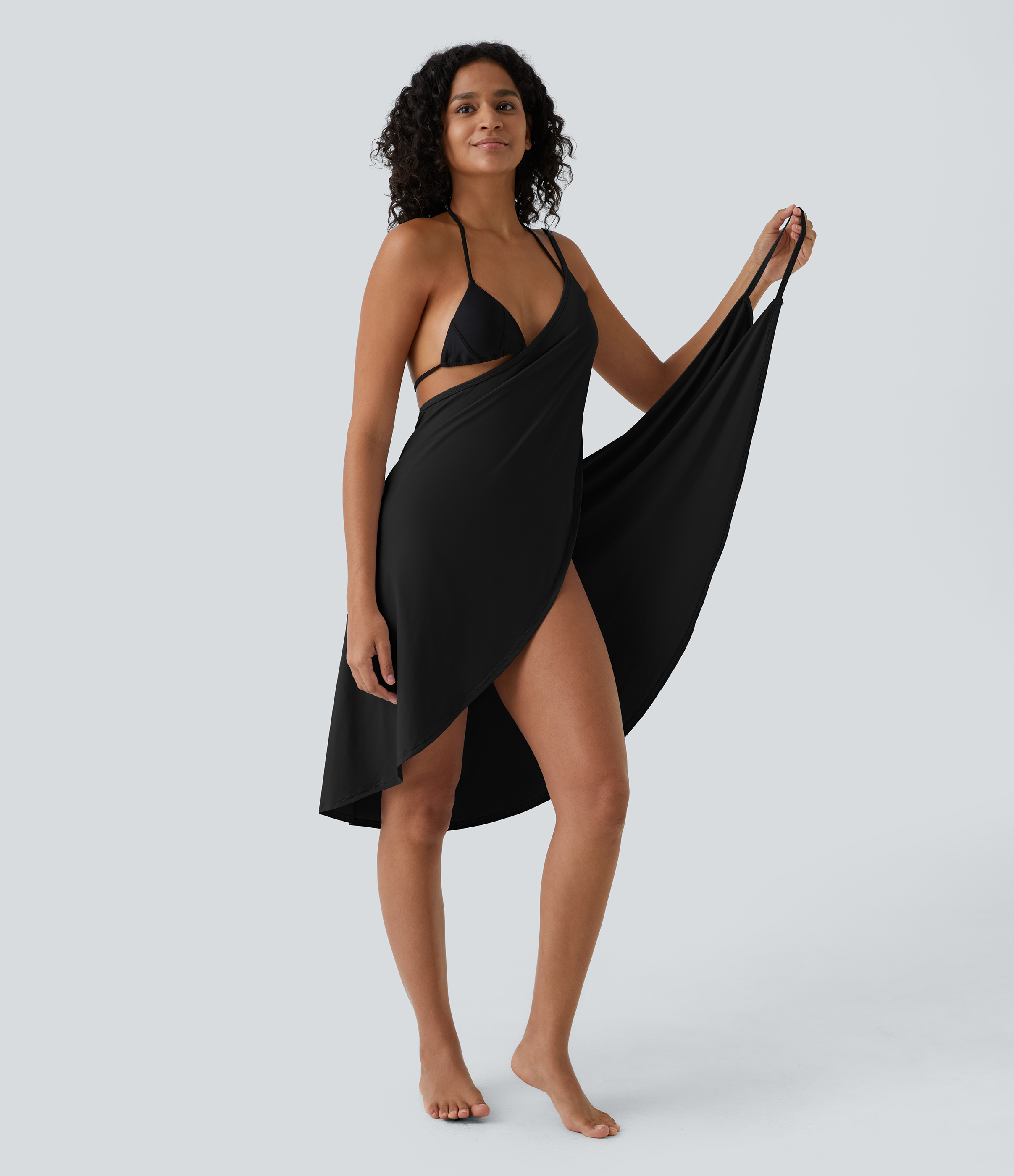 Halara Spaghetti Strap Crossover Backless Cover Up Wrap Cool Touch Resort Dress Casual Dress - Black - S slip dress beach dress ruched dress 