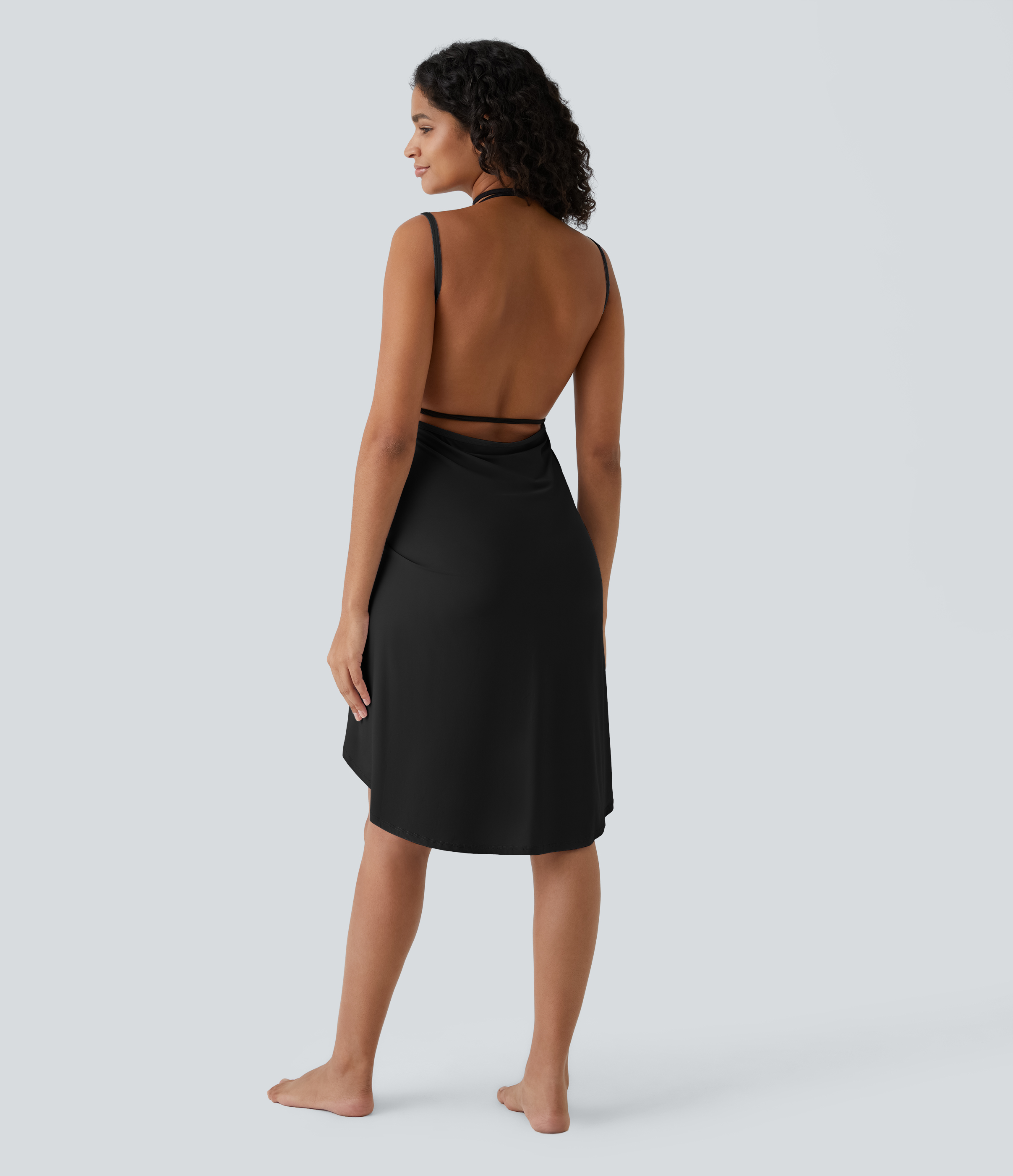 Halara Spaghetti Strap Crossover Backless Cover Up Wrap Cool Touch Resort Dress Casual Dress - Black - S slip dress beach dress ruched dress 