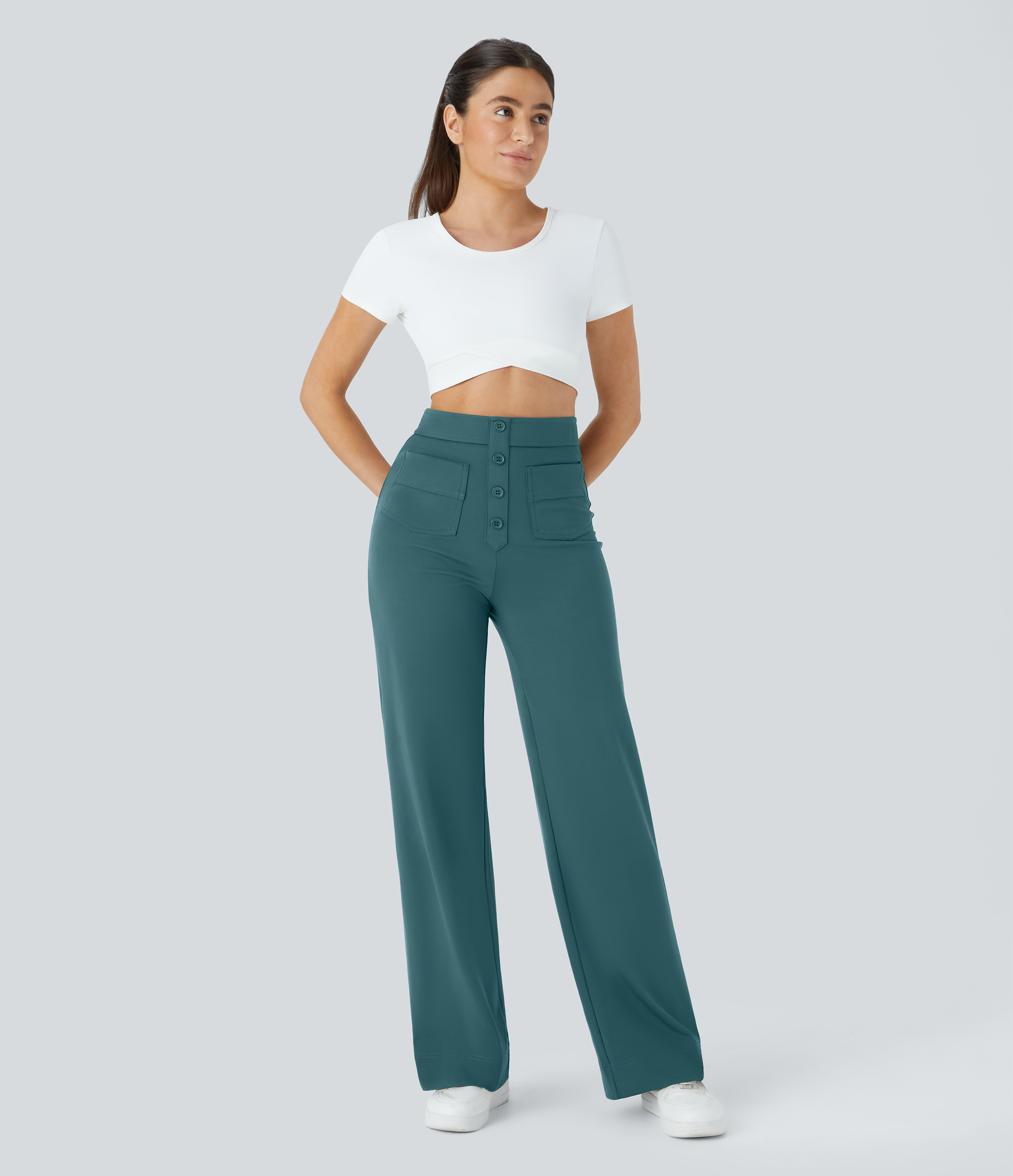 Halara High Waisted Button Multiple Pockets Straight Leg Casual Pants  - Atlantic Deep - M(regular) sweatpants jogger pants 
