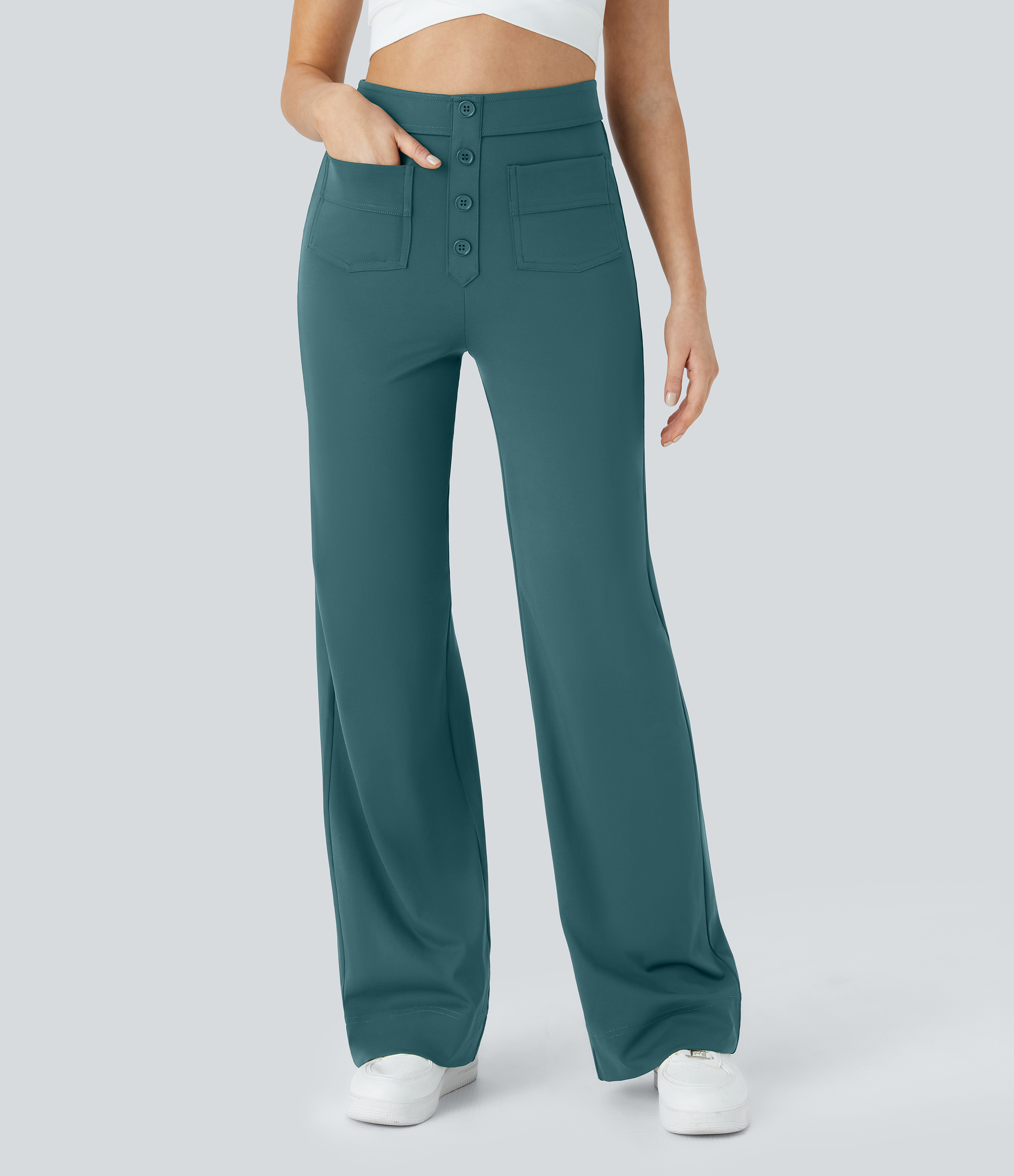 Halara High Waisted Button Multiple Pockets Straight Leg Casual Pants  - Atlantic Deep - M(regular) sweatpants jogger pants 