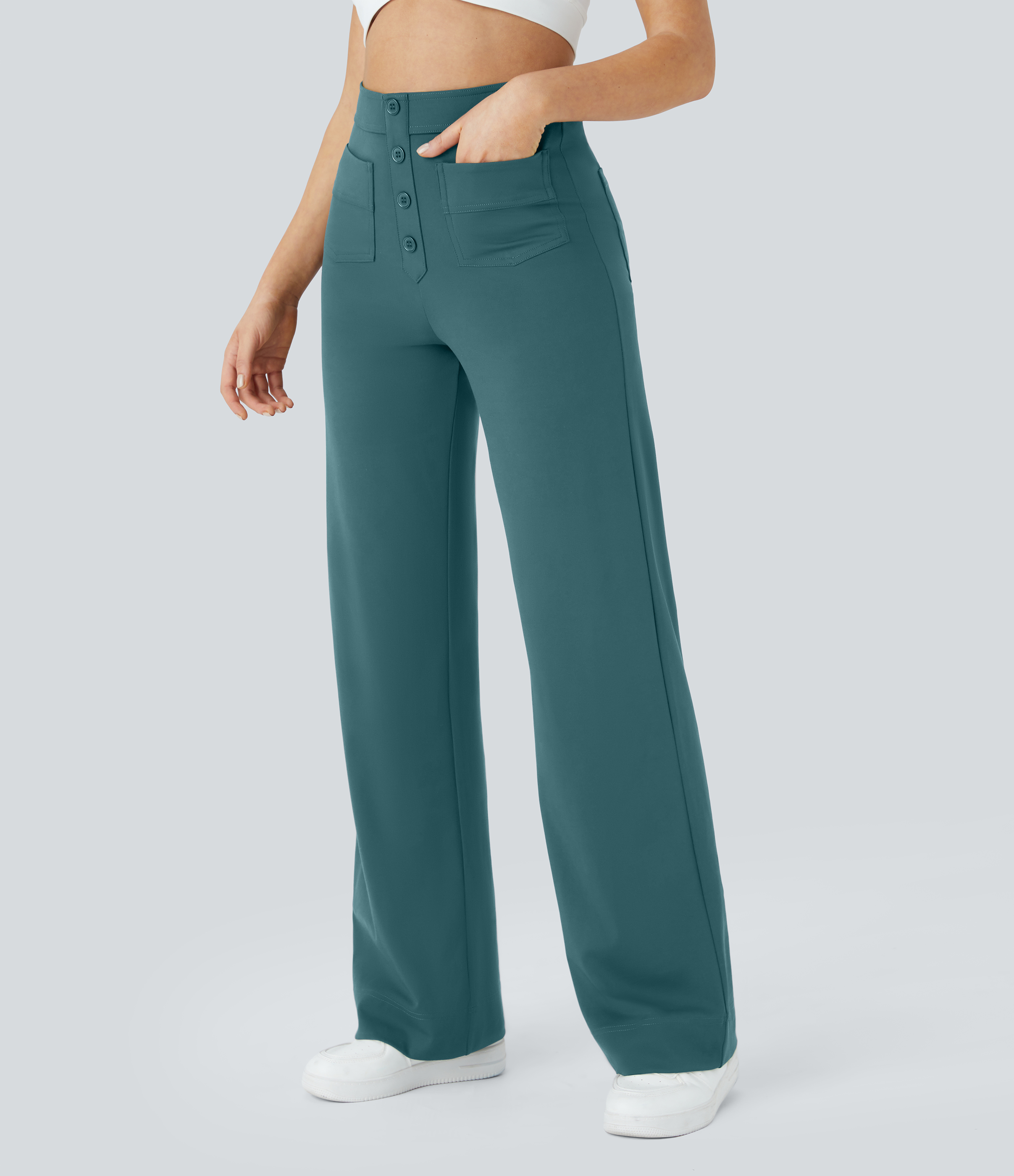 Halara High Waisted Button Multiple Pockets Straight Leg Casual Pants  - Atlantic Deep - M(regular) sweatpants jogger pants 