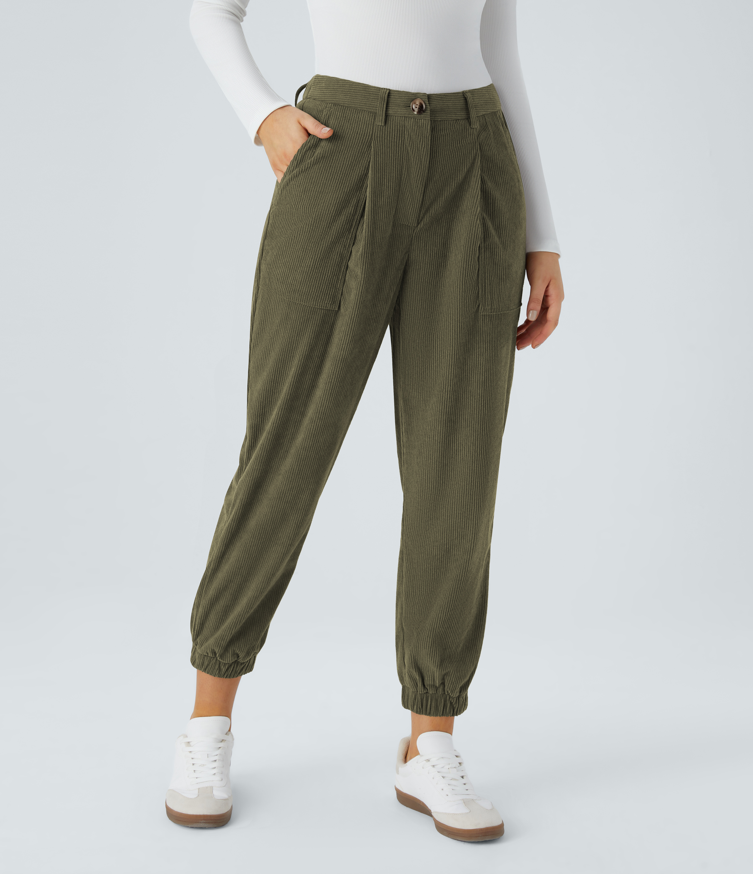 Halara Mid Rise Button Zipper Multiple Pockets Corduroy Casual Joggers  - Icy Bamboo Green - S(regular) 