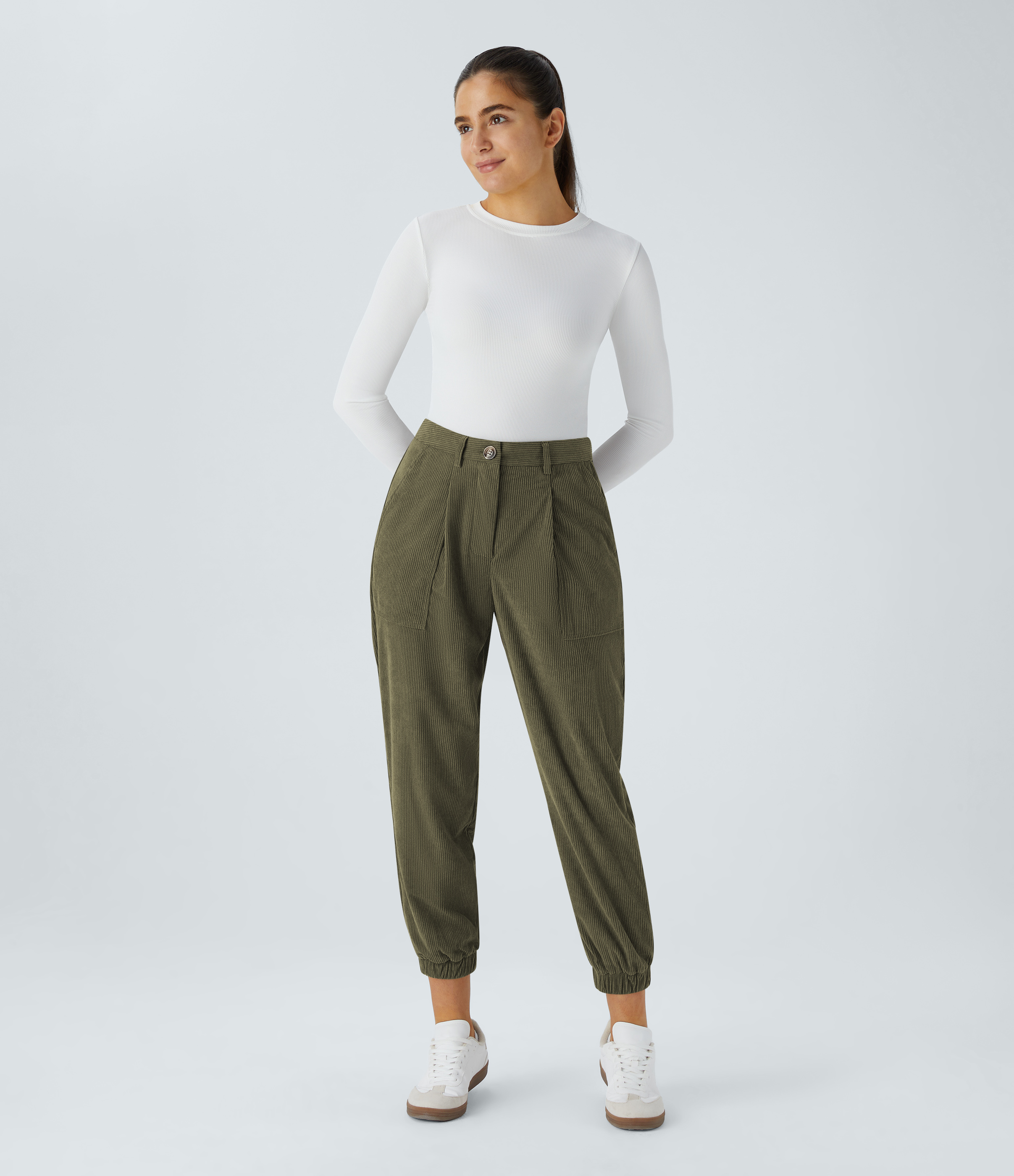 Halara Mid Rise Button Zipper Multiple Pockets Corduroy Casual Joggers  - Icy Bamboo Green - S(regular) 