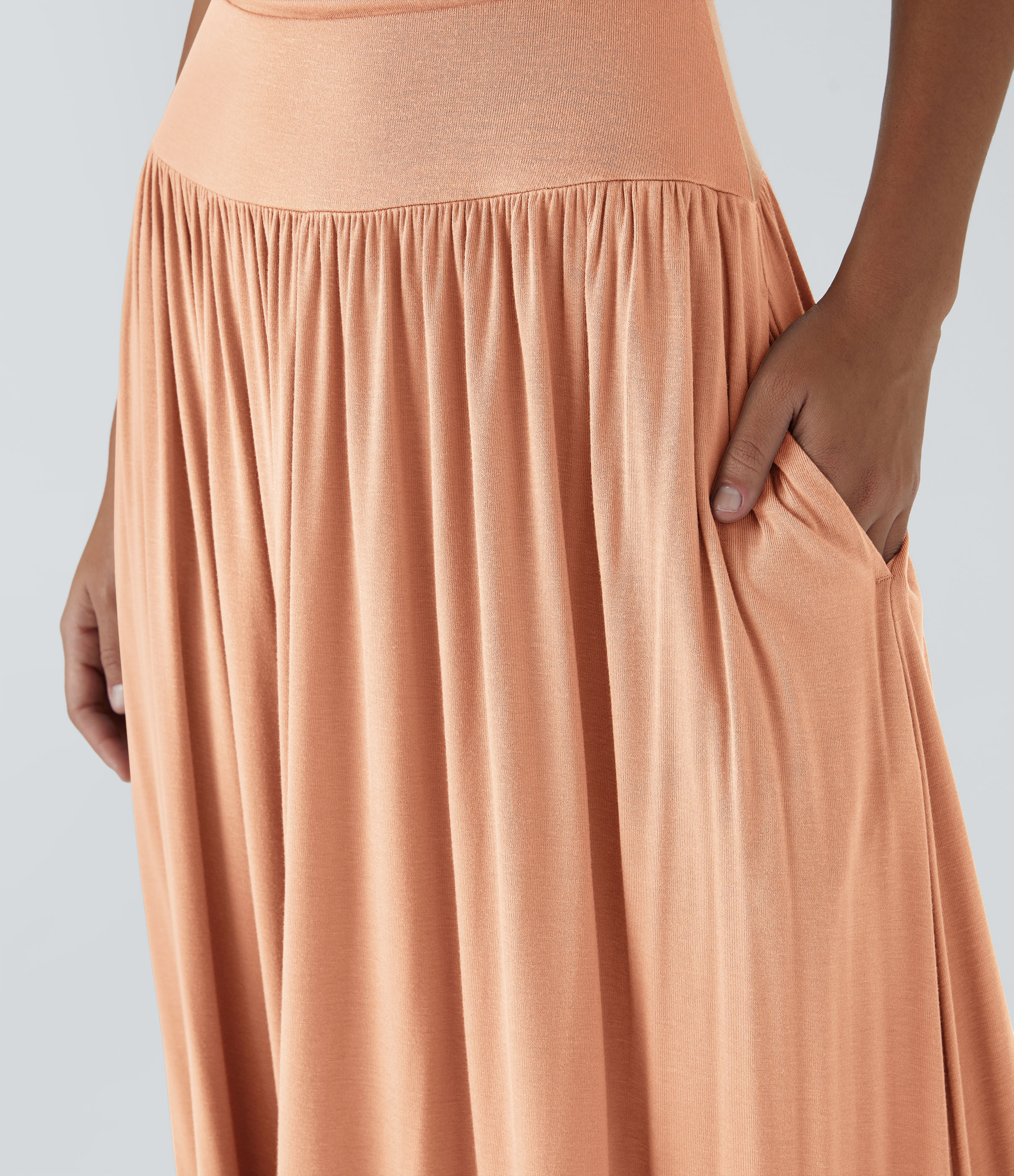 Halara Ribbed Boat Neck Ruched Side Pocket Flowy Maxi Casual Dress Casual Dress - Sunset Orange - XS slip dress beach dress ruched dress 