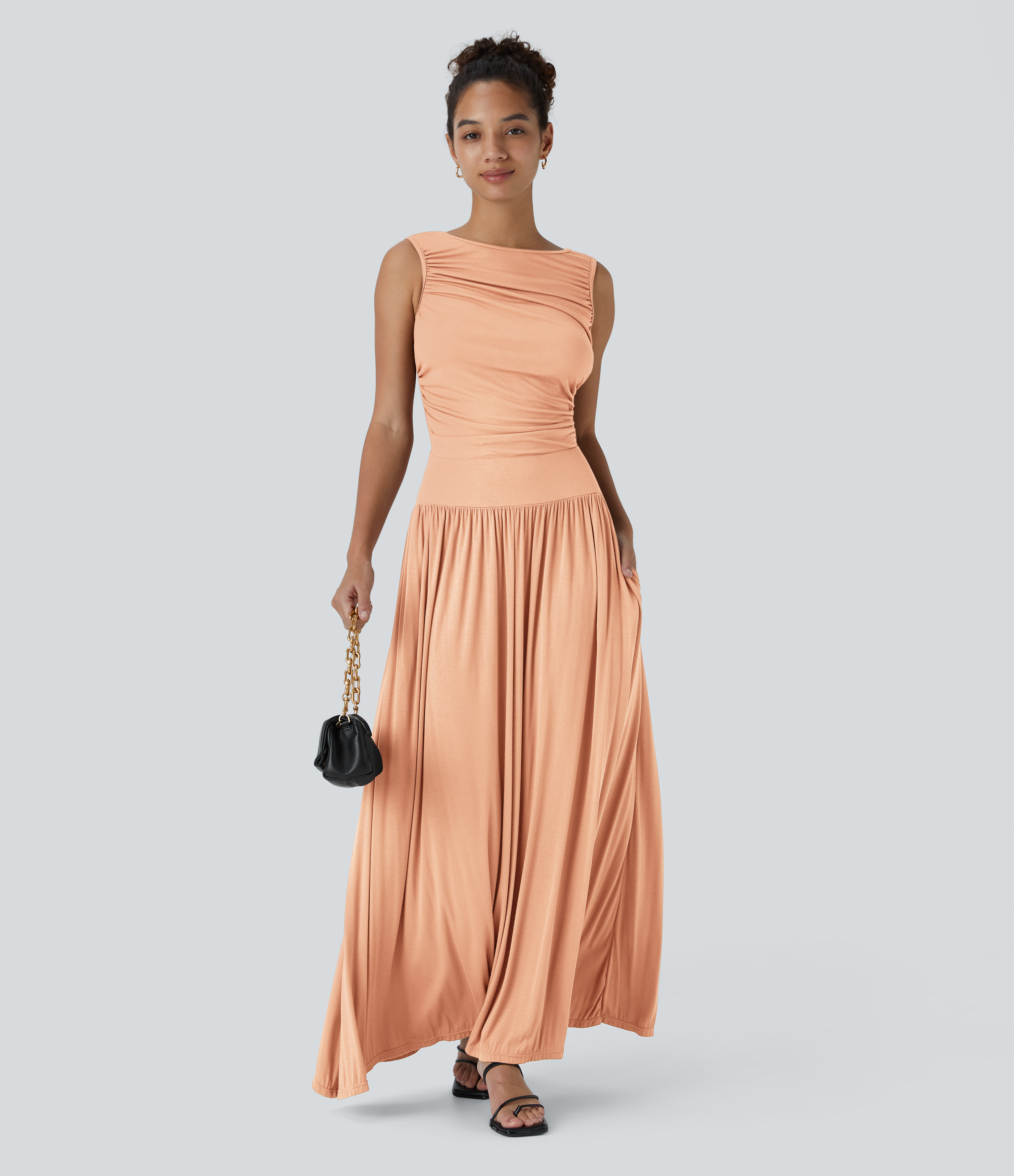 Halara Ribbed Boat Neck Ruched Side Pocket Flowy Maxi Casual Dress Casual Dress - Sunset Orange - XS slip dress beach dress ruched dress 