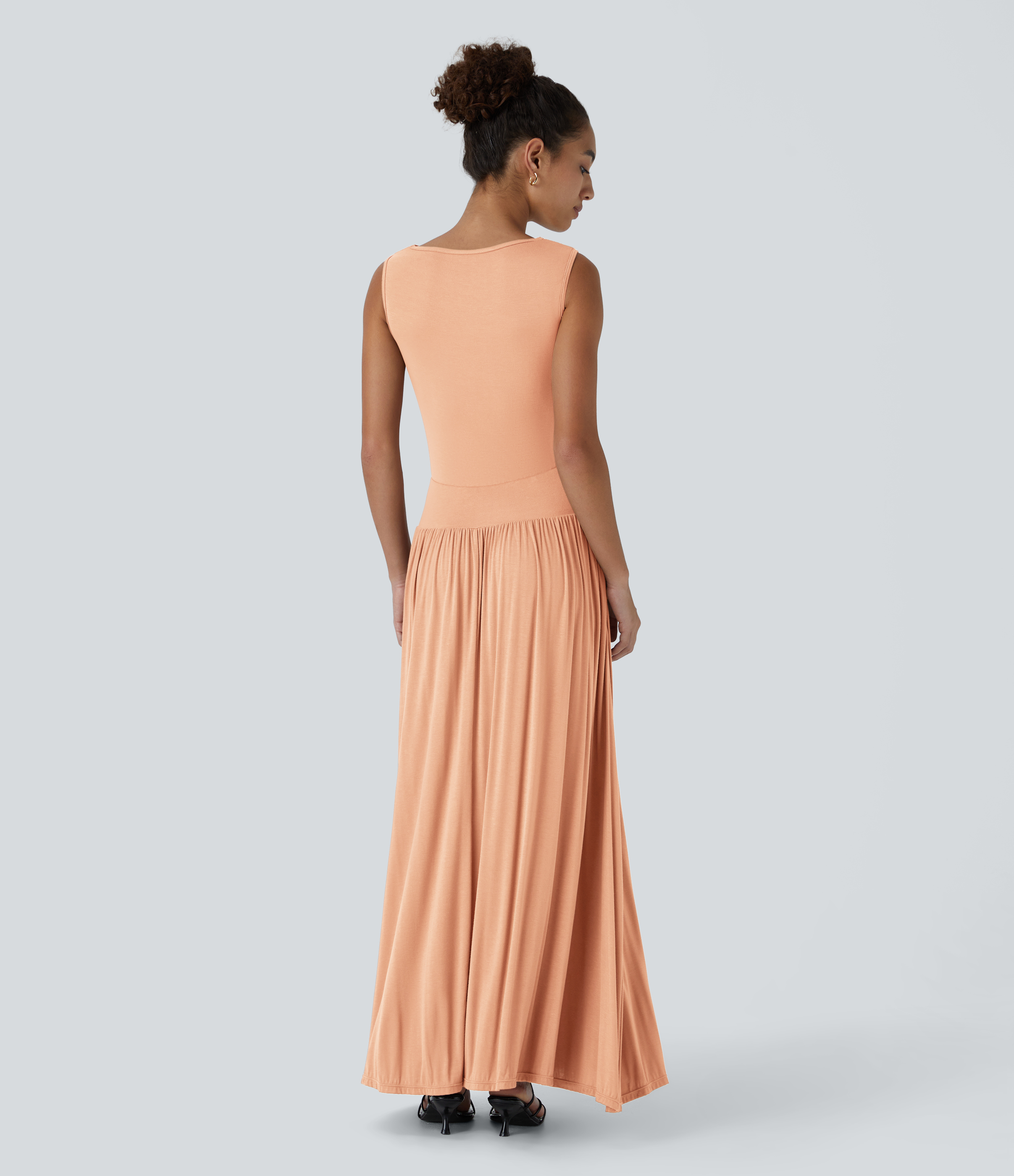 Halara Ribbed Boat Neck Ruched Side Pocket Flowy Maxi Casual Dress Casual Dress - Sunset Orange - XS slip dress beach dress ruched dress 