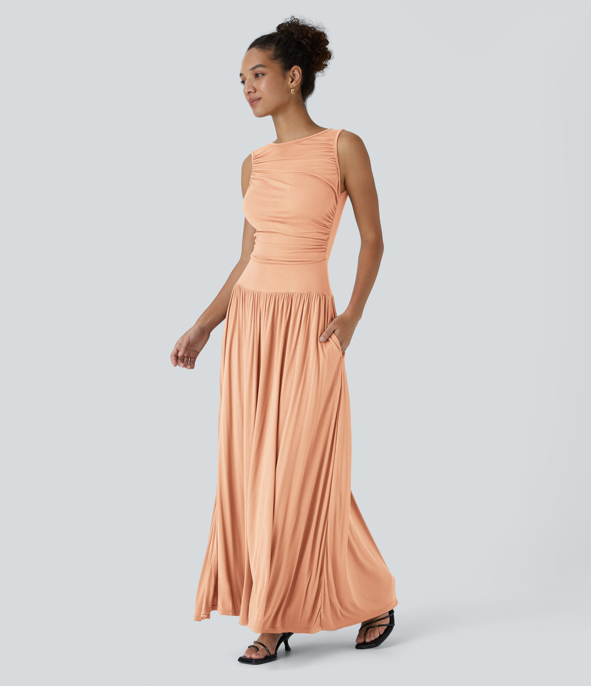 Halara Ribbed Boat Neck Ruched Side Pocket Flowy Maxi Casual Dress Casual Dress - Sunset Orange - XS slip dress beach dress ruched dress 