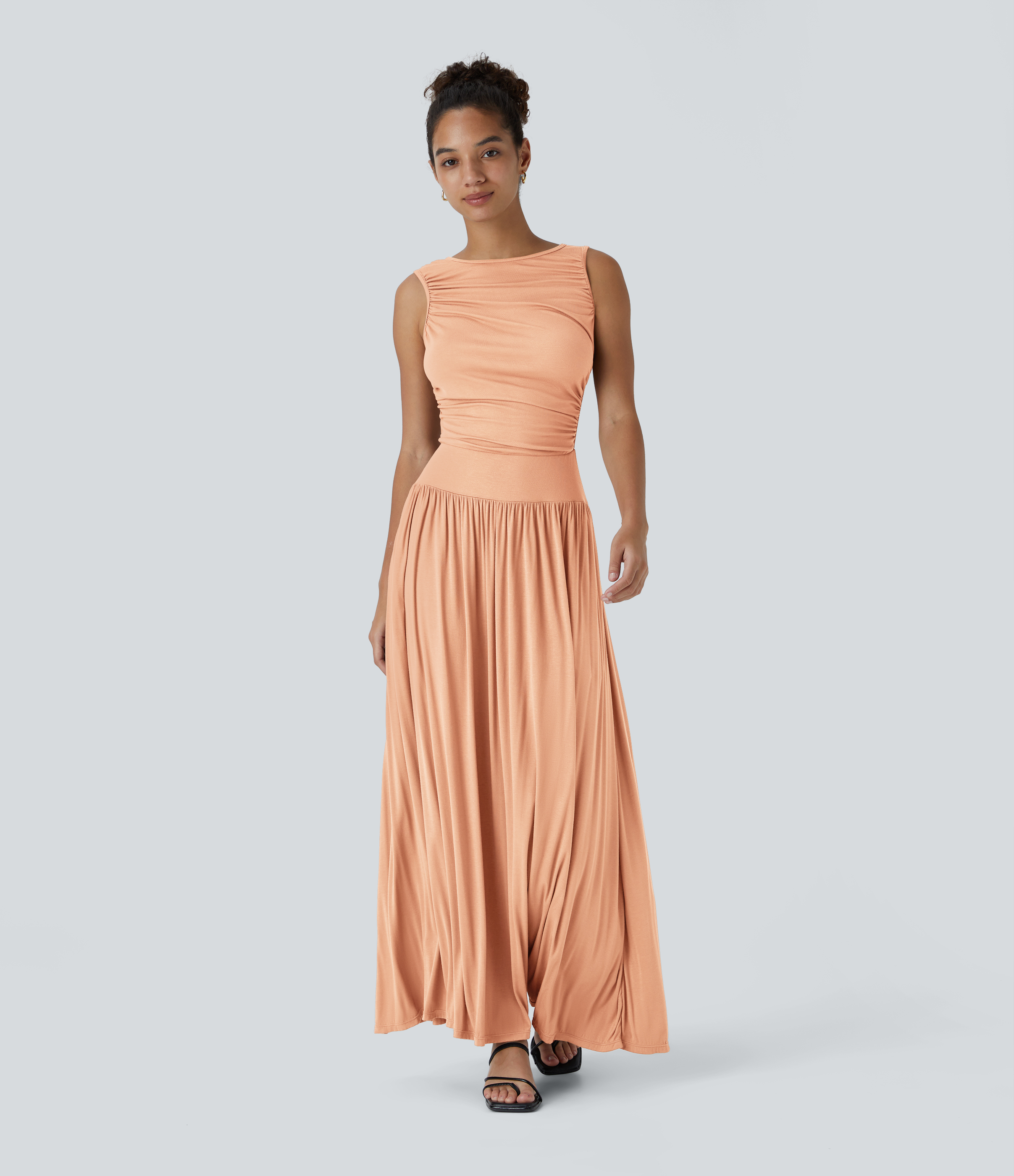 Halara Ribbed Boat Neck Ruched Side Pocket Flowy Maxi Casual Dress Casual Dress - Sunset Orange - XS slip dress beach dress ruched dress 