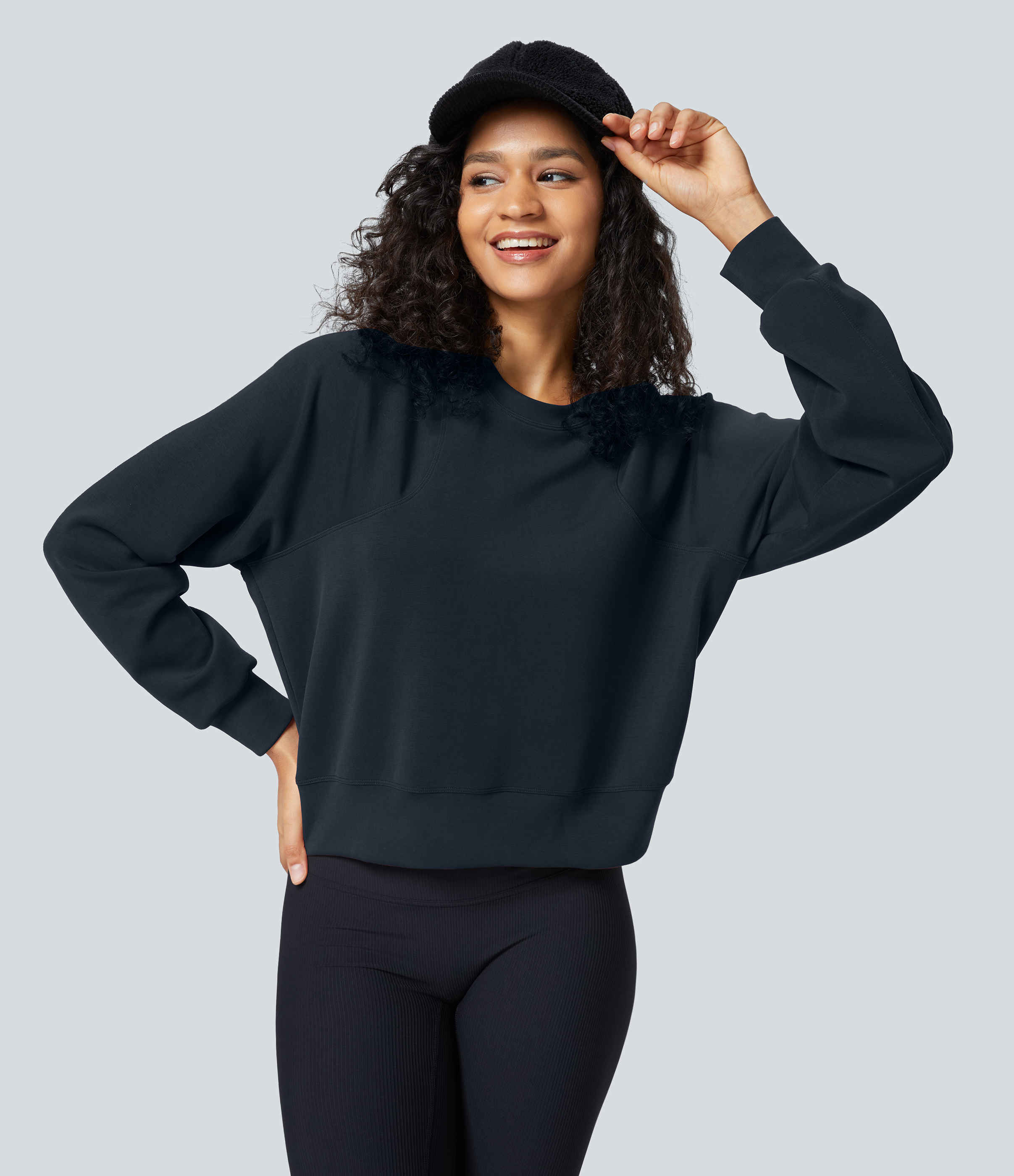 Halara Round Neck Raglan Sleeve Solid Casual Sweatshirt  - Blue Nights - XS 