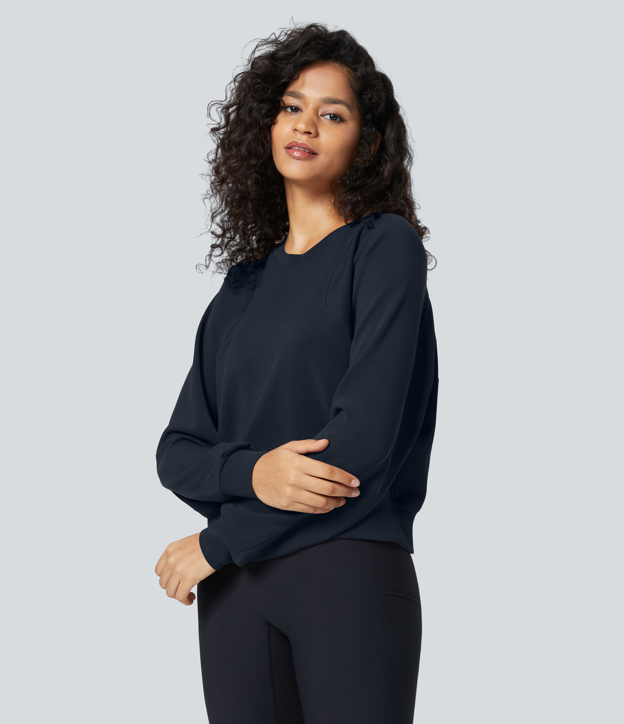 Halara Round Neck Raglan Sleeve Solid Casual Sweatshirt  - Blue Nights - XS 