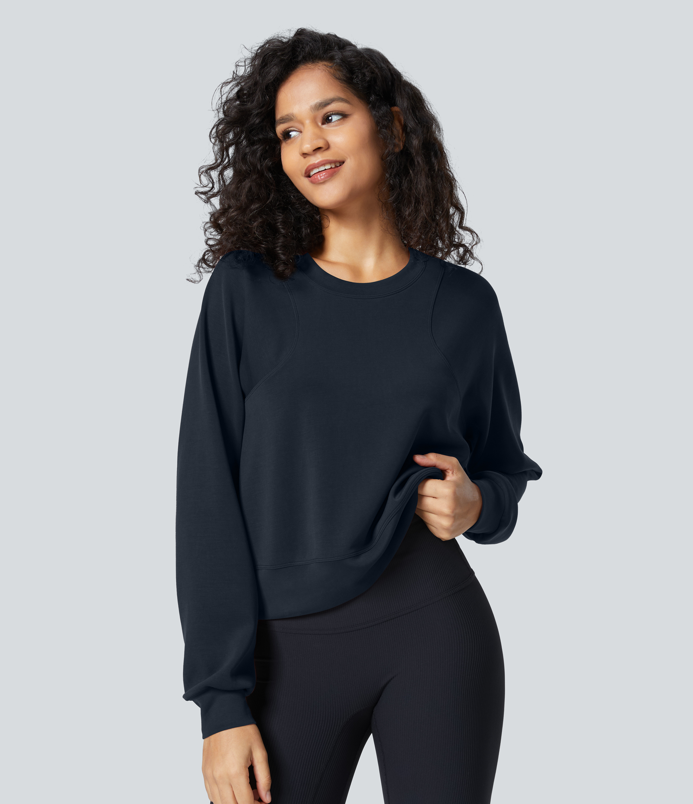Halara Round Neck Raglan Sleeve Solid Casual Sweatshirt  - Blue Nights - XS 