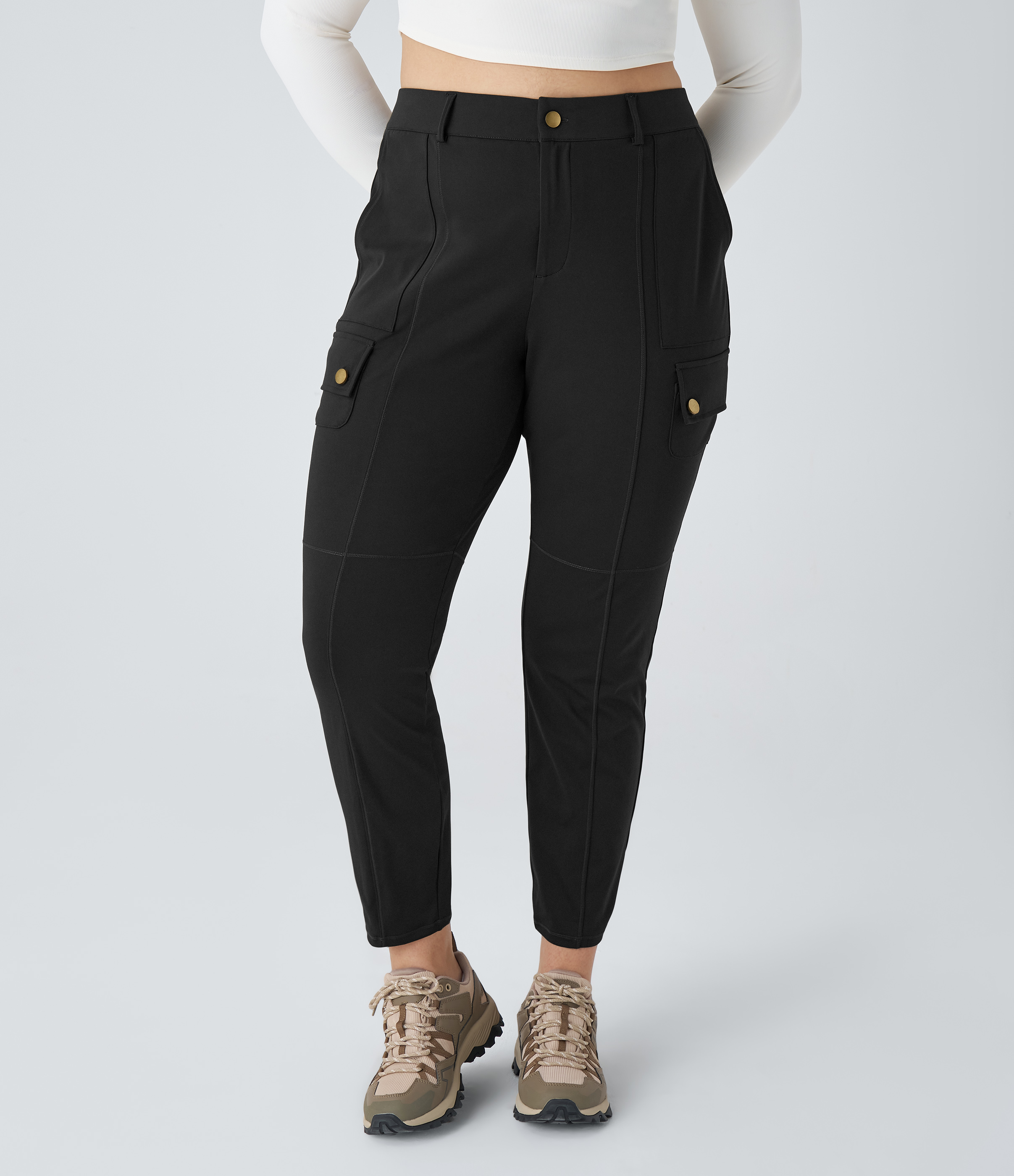 Halara High Waisted Button Zipper Multiple Pockets Solid Slim Hiking Plus Size Cargo Pants  - Black - 2X(regular) 