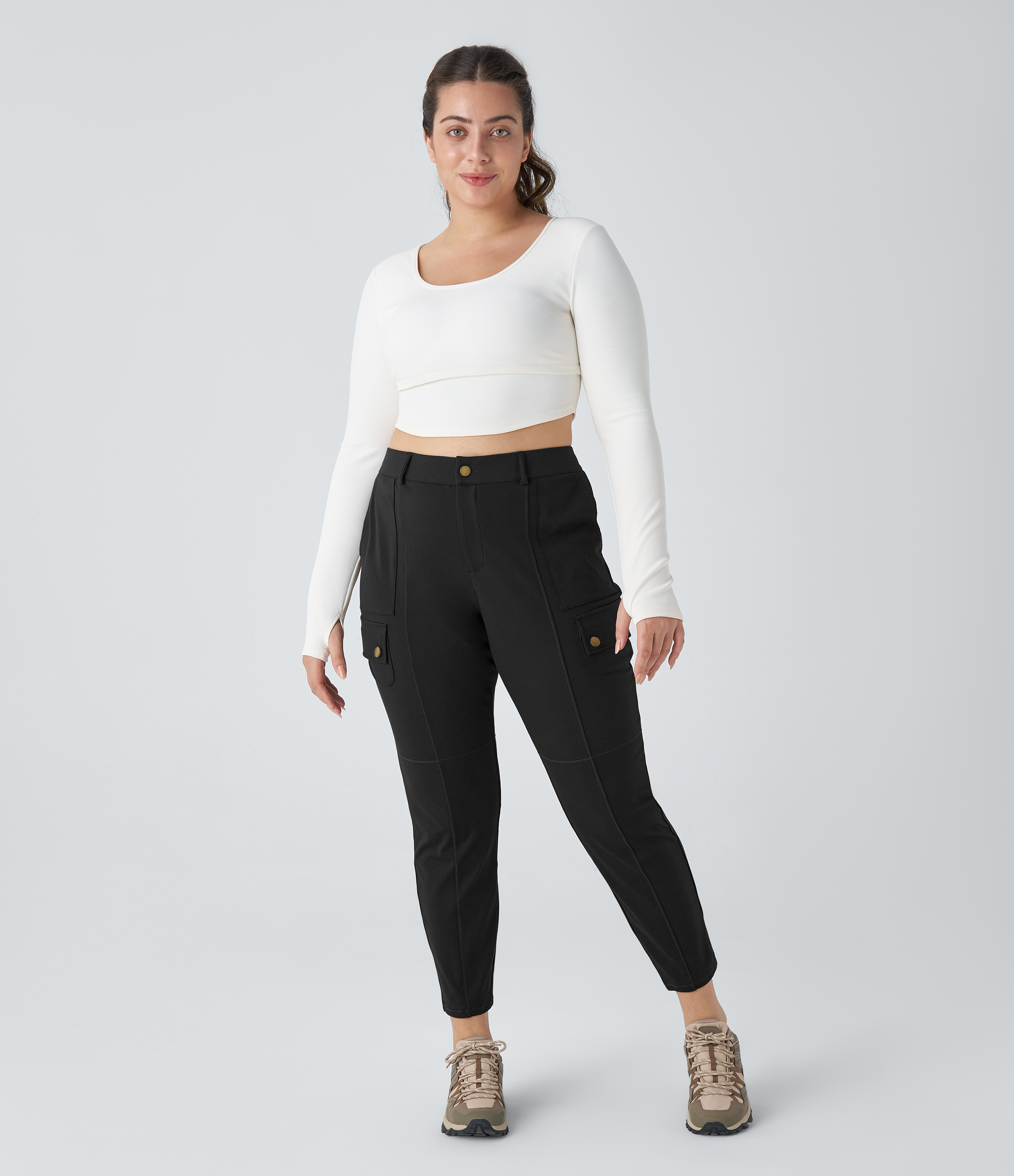 Halara High Waisted Button Zipper Multiple Pockets Solid Slim Hiking Plus Size Cargo Pants  - Black - 2X(regular) 