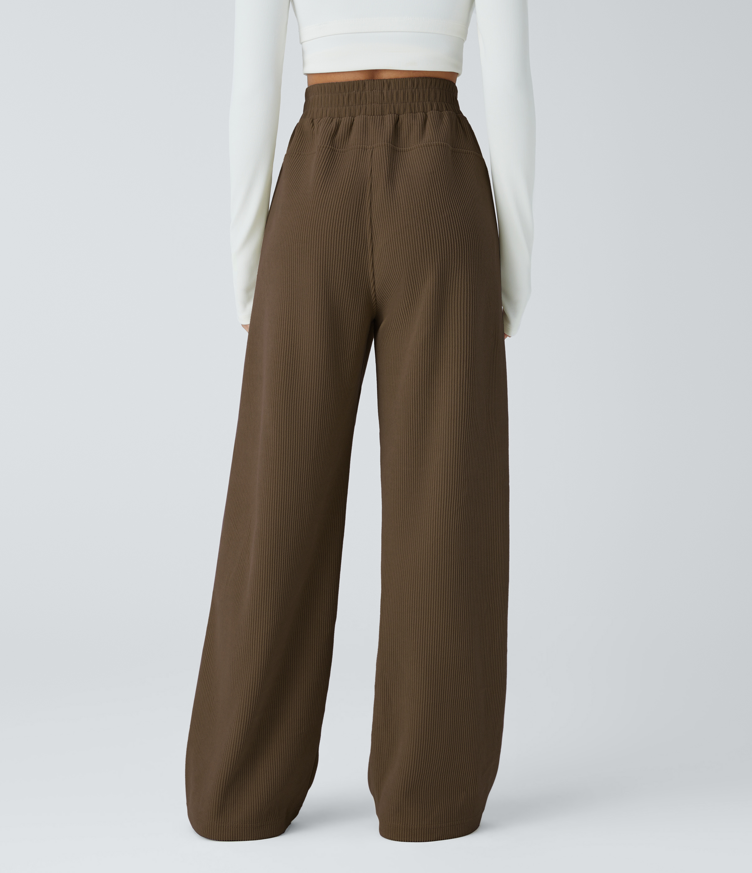 Dark Earthy Brown Pantalon velours côtelé de jogging décontracté à taille haute avec poches latérales / 2