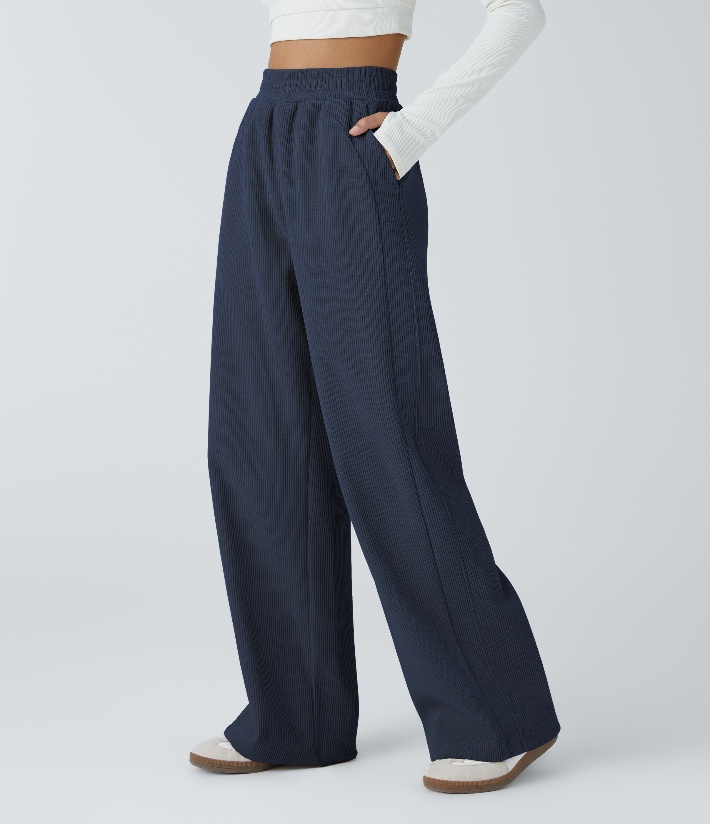 Halara High Waisted Side Pocket Straight Leg Mop Corduroy Casual Pants  - Mood Indigo - M(tall) sweatpants jogger pants stacked sweatpants 