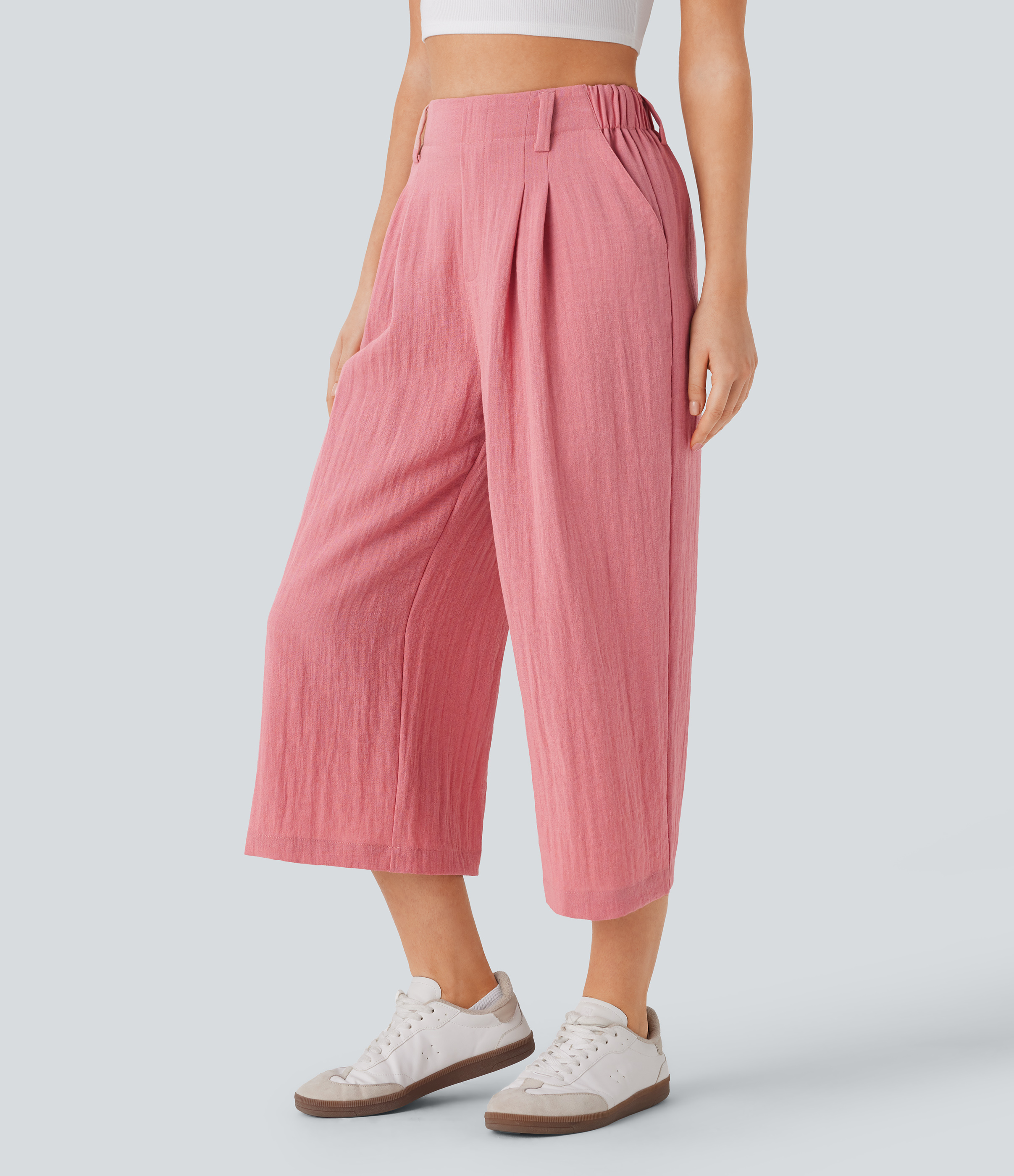 Halara High Waisted Side Pocket Wide Leg Flowy Solid Palazzo Capri Casual Linen-Feel Pants  - Rosette - XS(regular) sweatpants jogger pants 