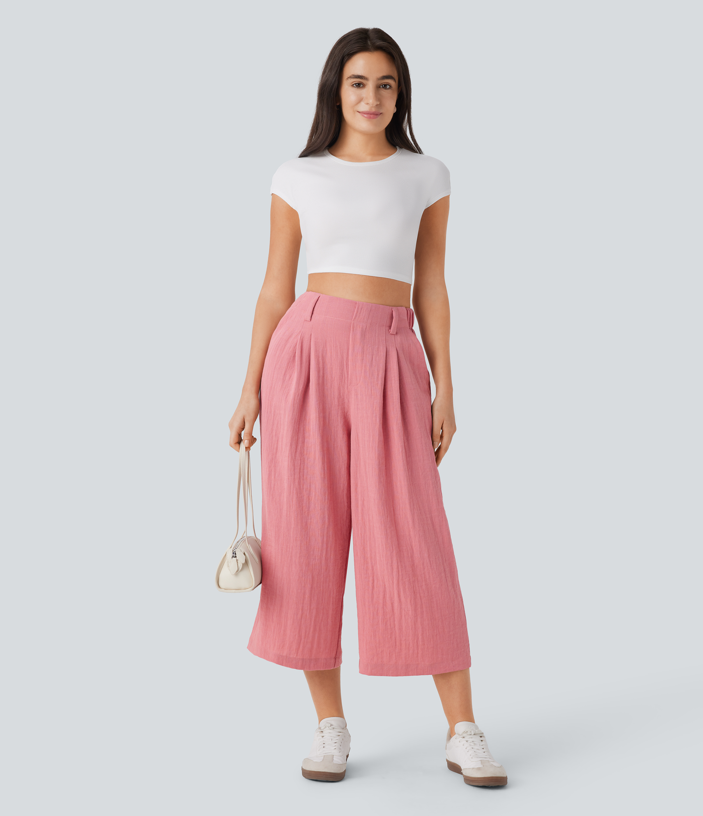 Halara High Waisted Side Pocket Wide Leg Flowy Solid Palazzo Capri Casual Linen-Feel Pants  - Rosette - XS(regular) sweatpants jogger pants 