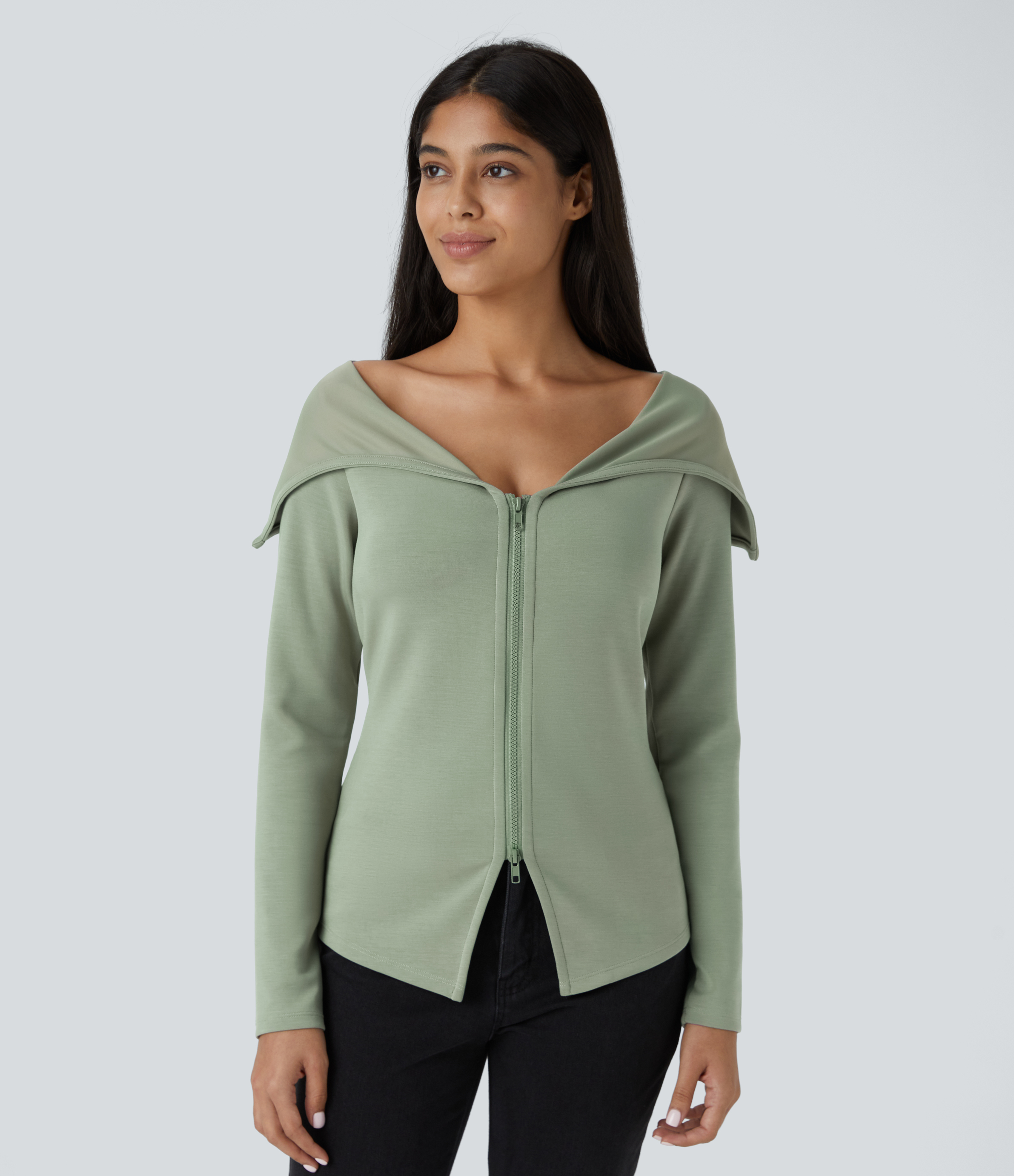 Halara Collared V Neck 2-Way Zipper Long Sleeve Casual Jacket  - Asparagus - XS 