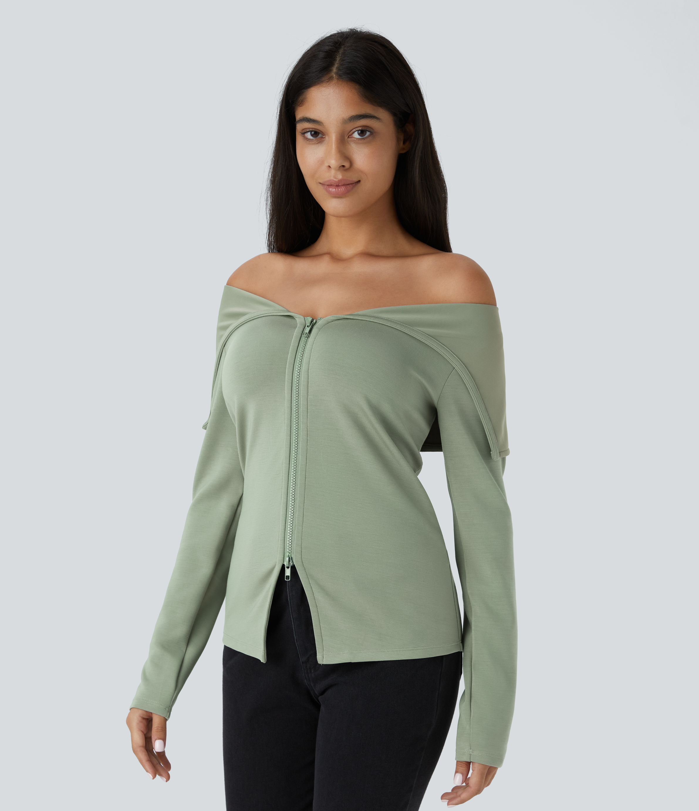 Halara Collared V Neck 2-Way Zipper Long Sleeve Casual Jacket  - Asparagus - XS 