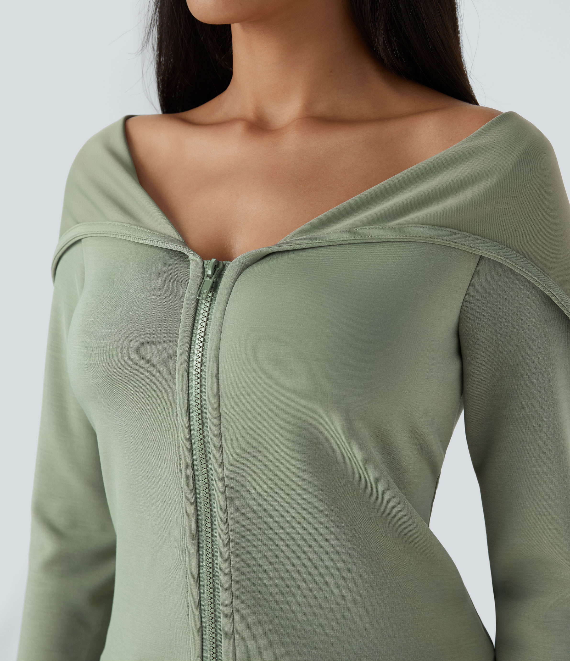Halara Collared V Neck 2-Way Zipper Long Sleeve Casual Jacket  - Asparagus - XS 