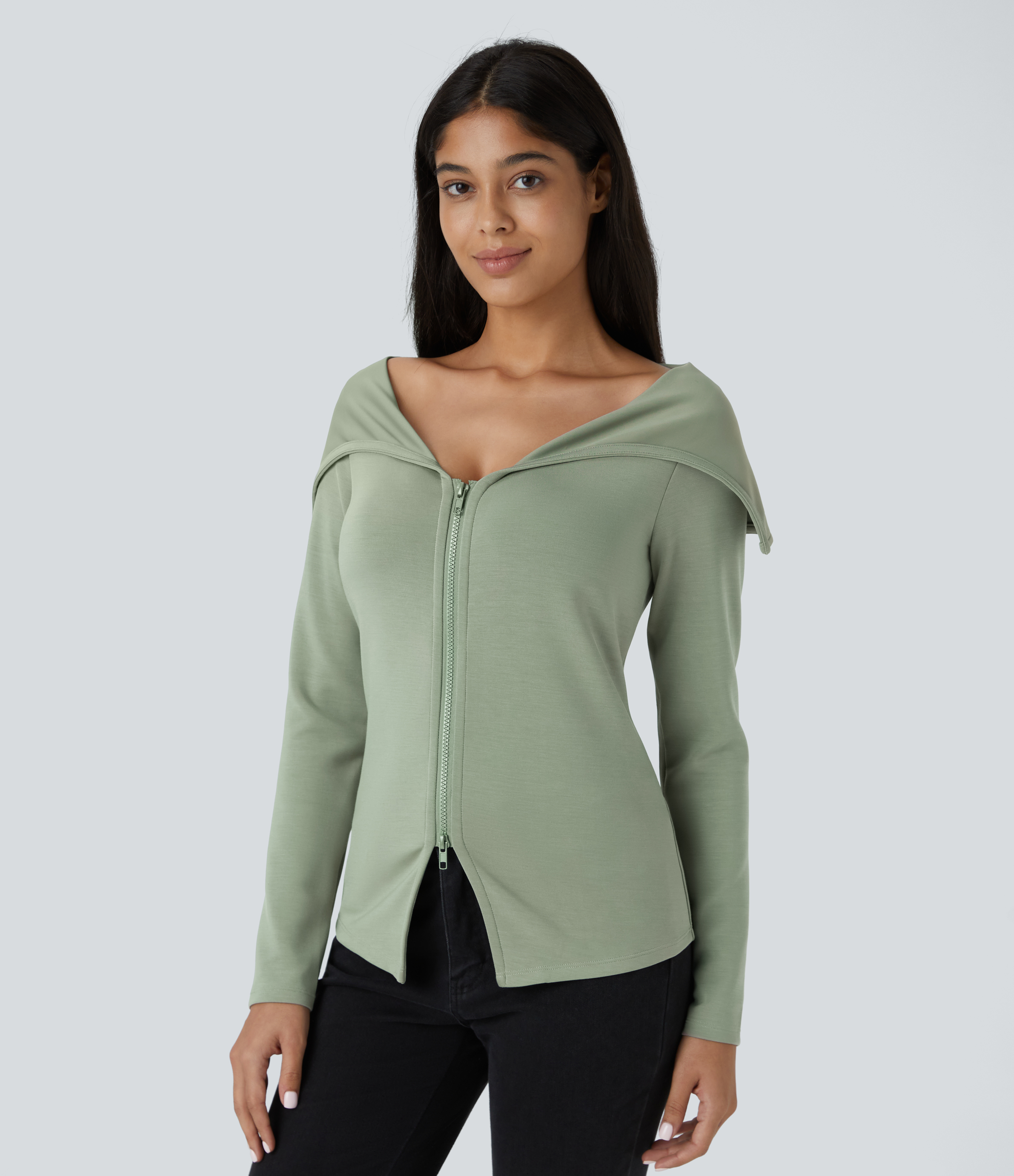 Halara Collared V Neck 2-Way Zipper Long Sleeve Casual Jacket - Asparagus - L