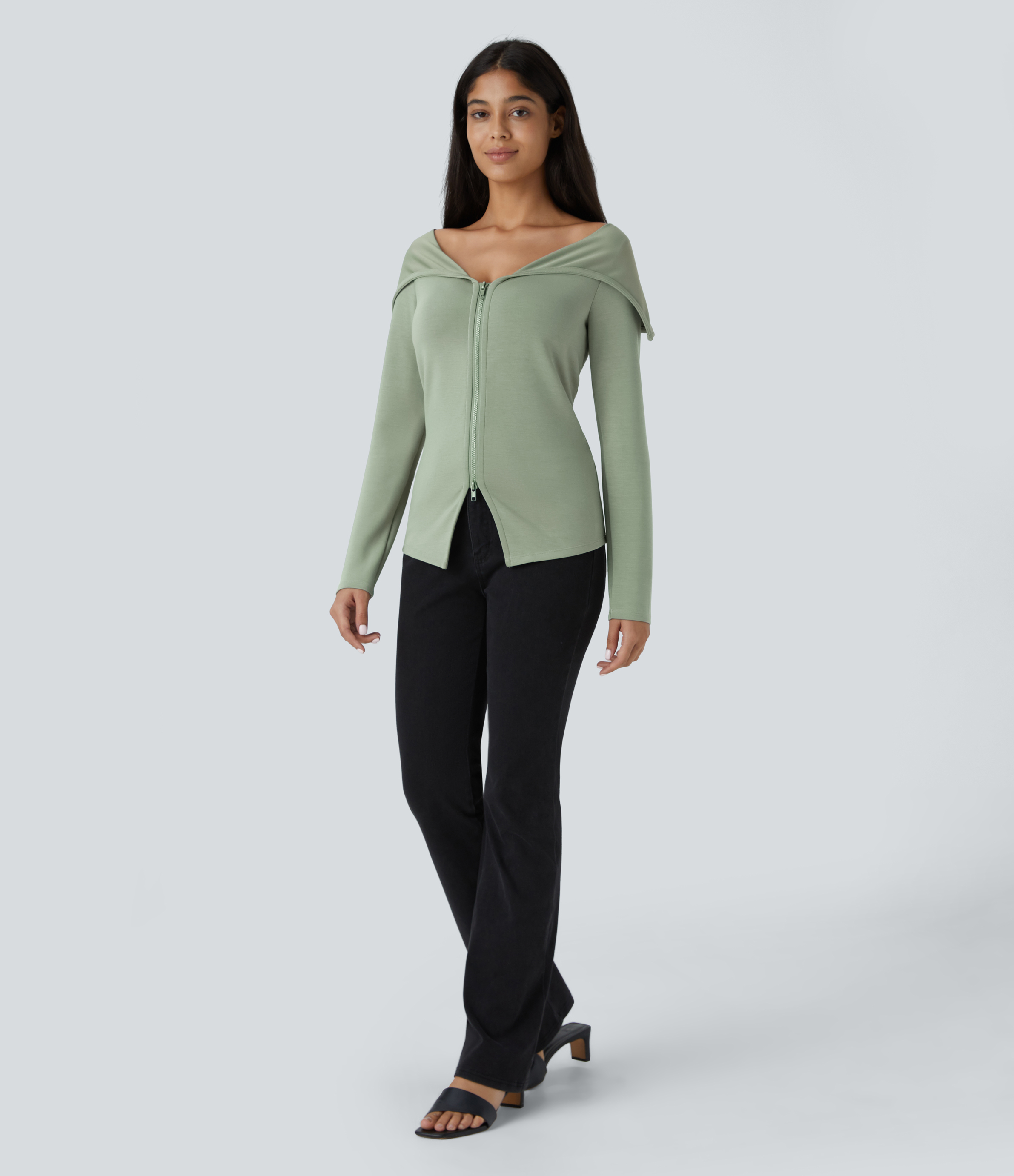 Halara Collared V Neck 2-Way Zipper Long Sleeve Casual Jacket  - Asparagus - XS 