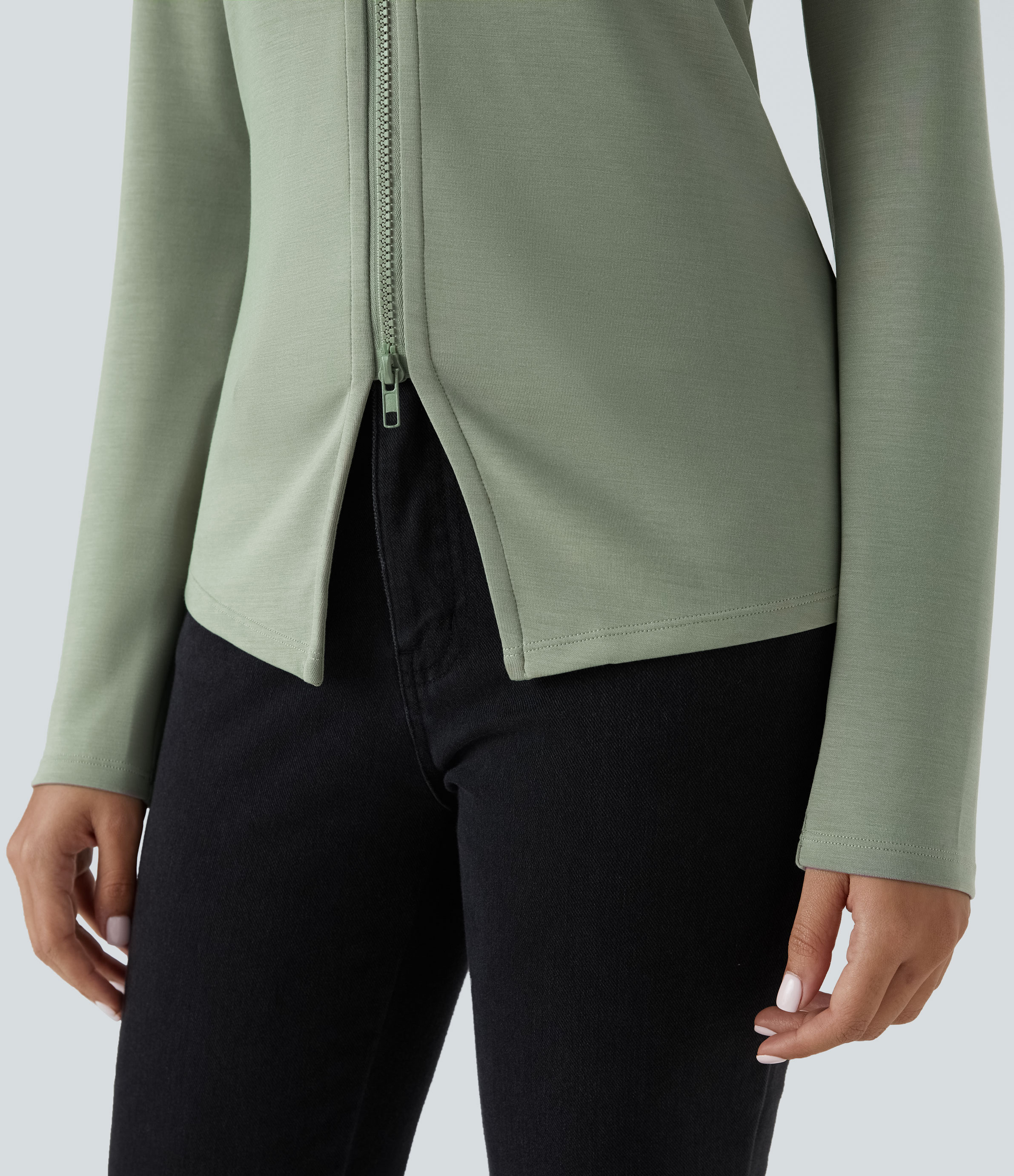 Halara Collared V Neck 2-Way Zipper Long Sleeve Casual Jacket  - Asparagus - XS 