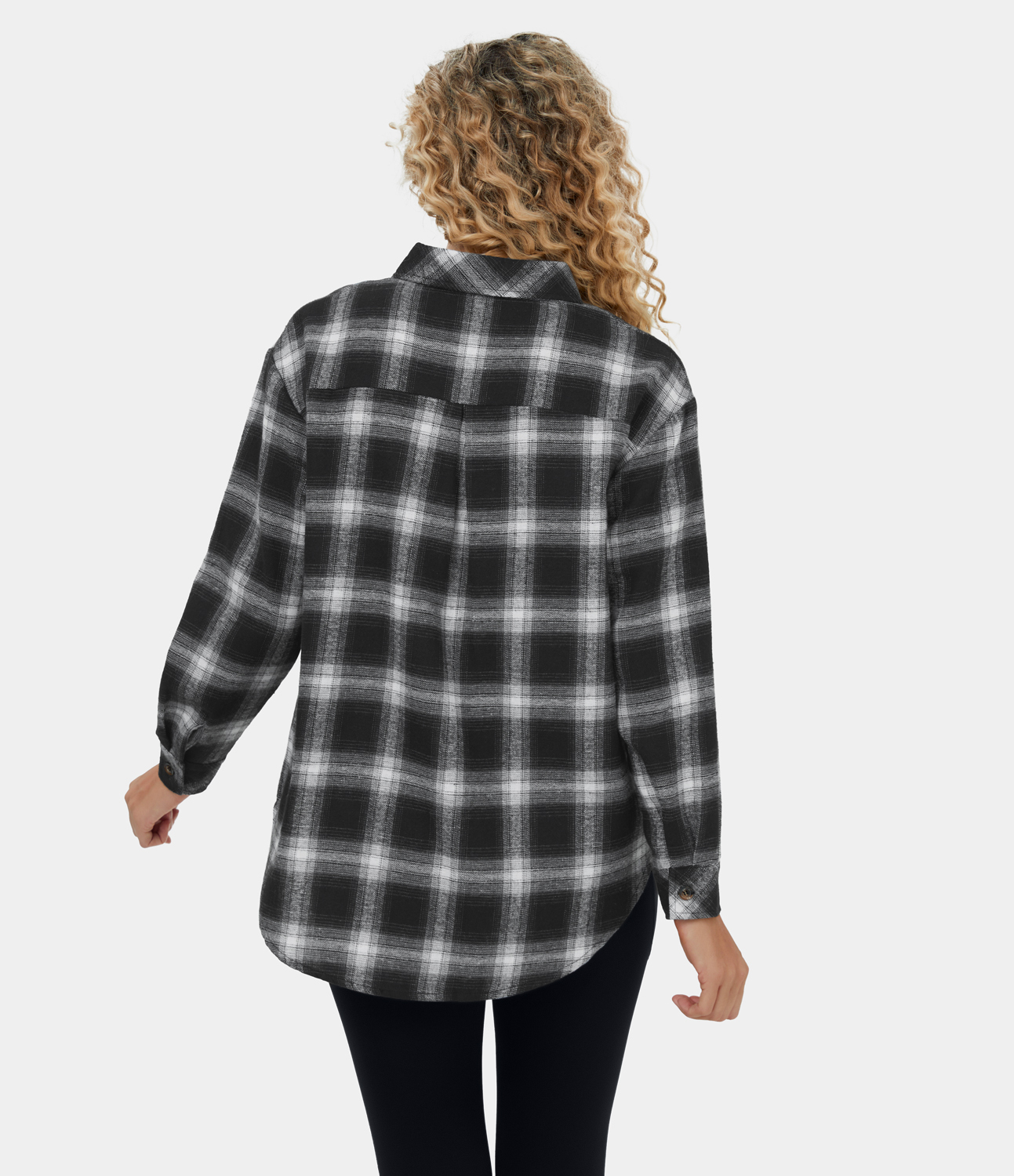 

Halara Collared Button Pocket Curved Hem Plaid Casual Cotton Jacket - Black Grey Gradient Plaid