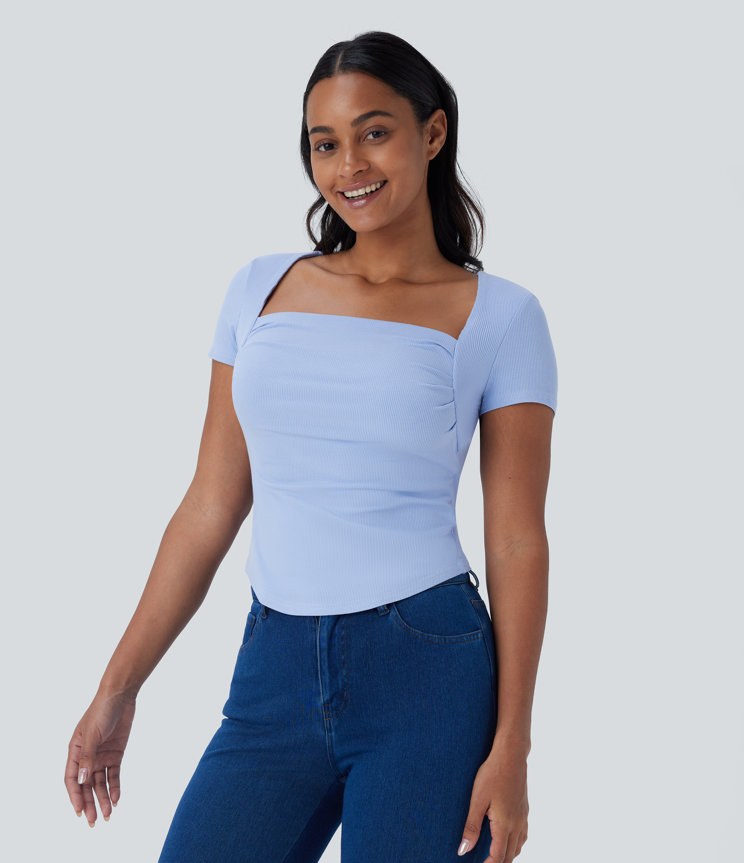 Halara Ribbed Knit Square Neck Ruched Curved Hem 2-in-1 Skinny Casual Baby Tee Tank Top - Ocean Eyes - Light Blue - XS golf tops halter top 