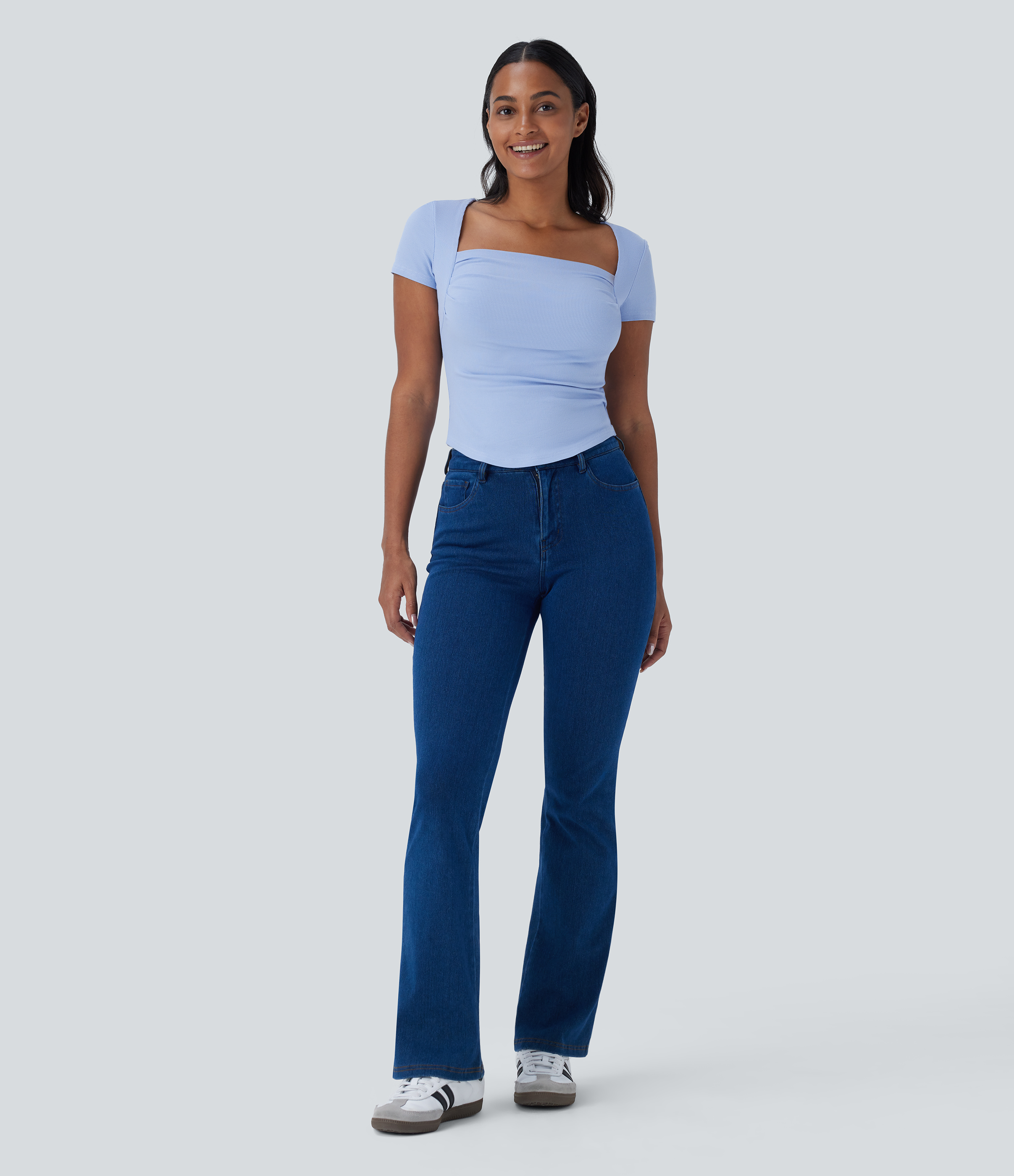 Halara Ribbed Knit Square Neck Ruched Curved Hem 2-in-1 Skinny Casual Baby Tee Tank Top - Ocean Eyes - Light Blue - XS golf tops halter top 