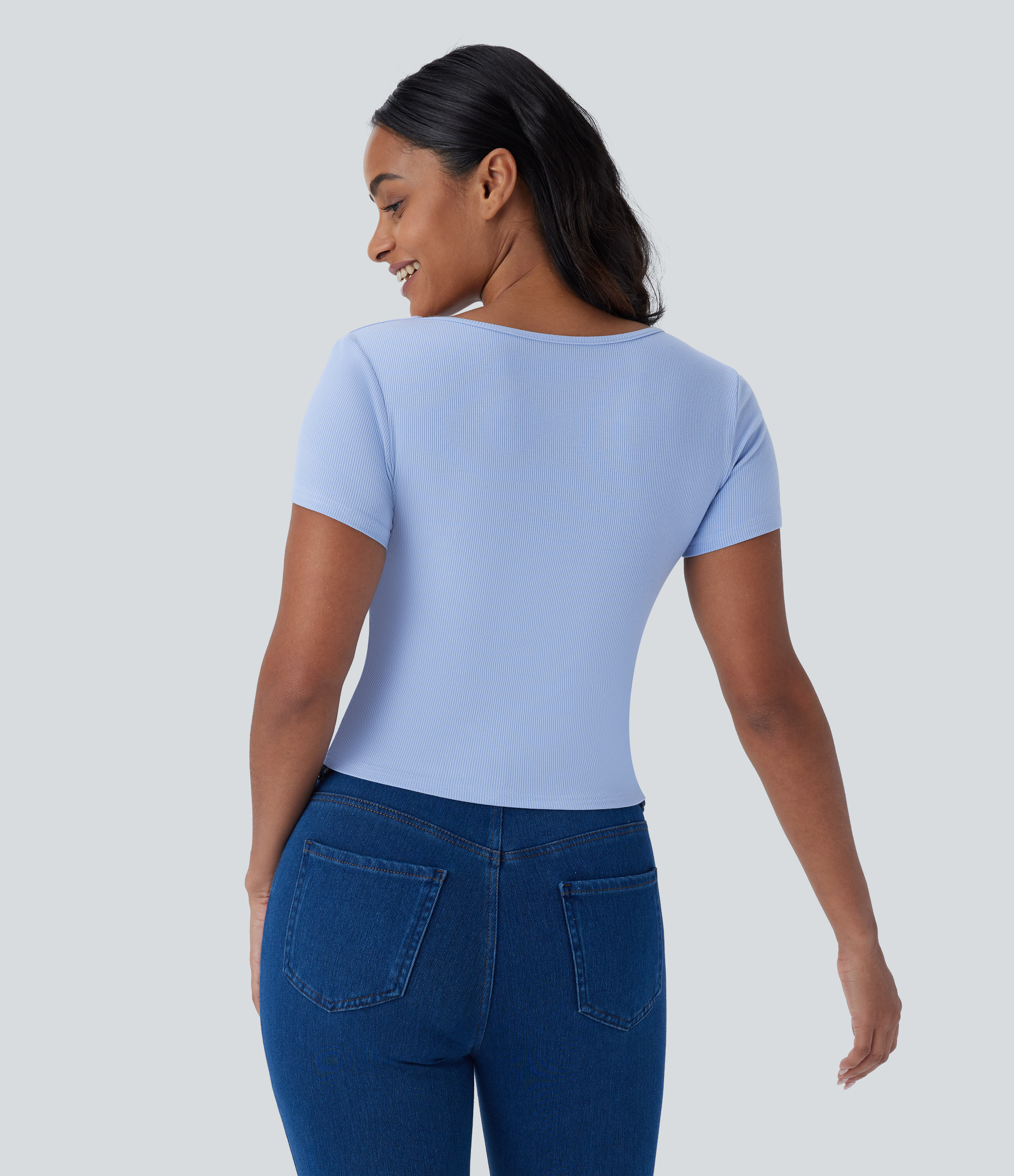 Halara Ribbed Knit Square Neck Ruched Curved Hem 2-in-1 Skinny Casual Baby Tee Tank Top - Ocean Eyes - Light Blue - XS golf tops halter top 