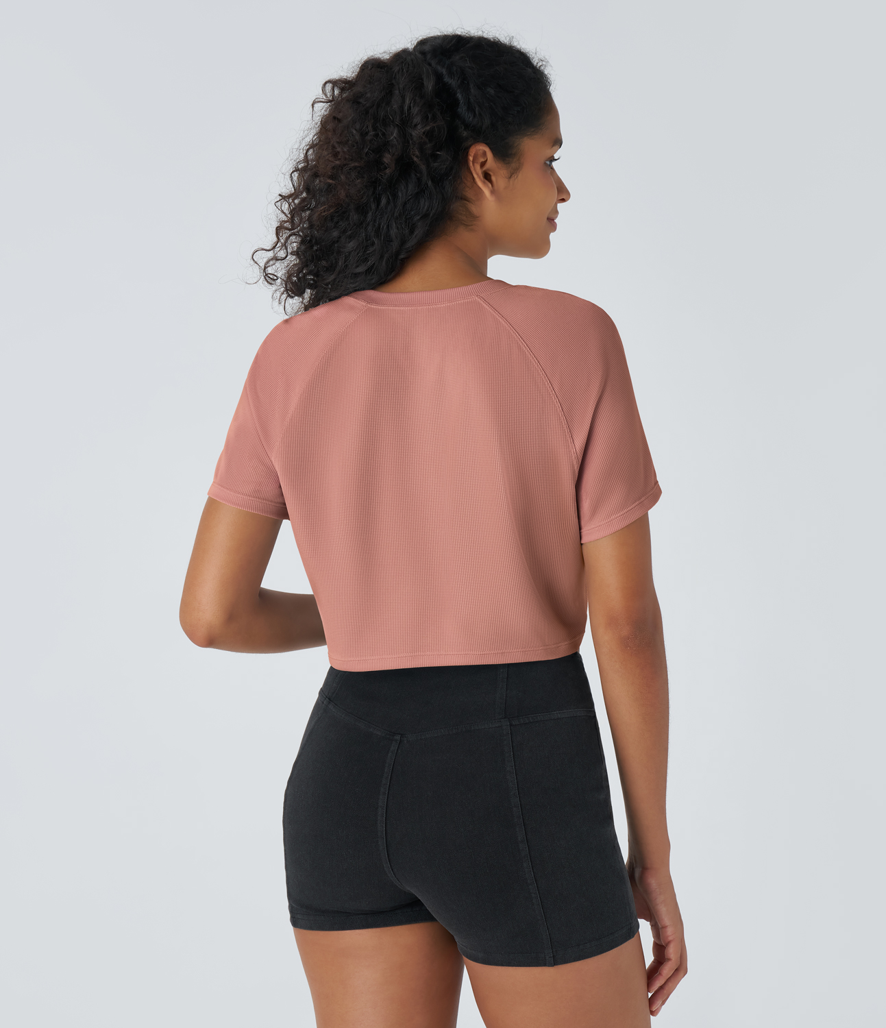 

Halara Raglan Sleeve Solid Cropped Waffle Casual Tee - Rose Dawn