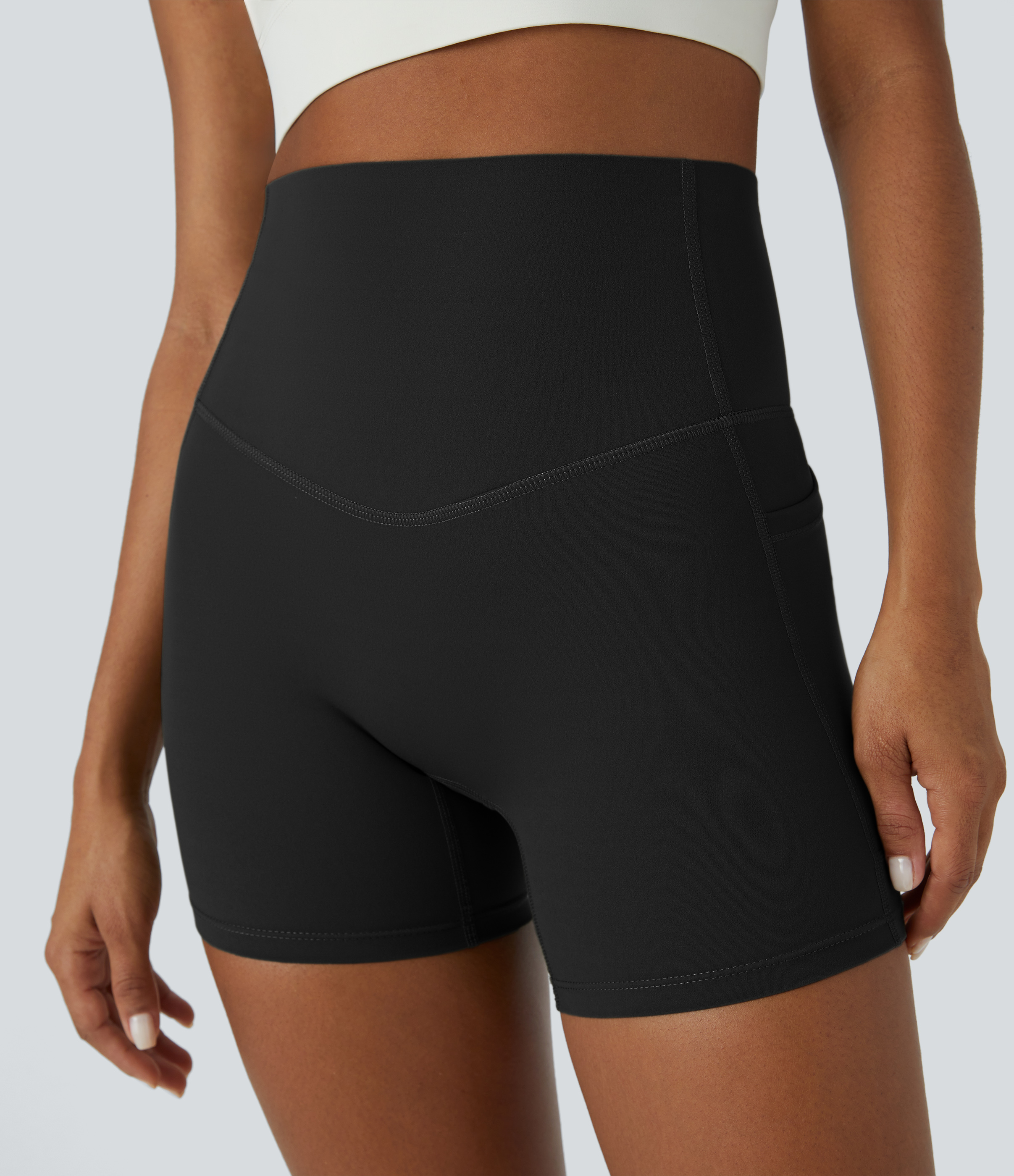 Halara SoCinched High Waisted Tummy Control Side Pocket Shaping Training Biker Shorts 5``  - Black - XS biker shorts women black biker shorts 