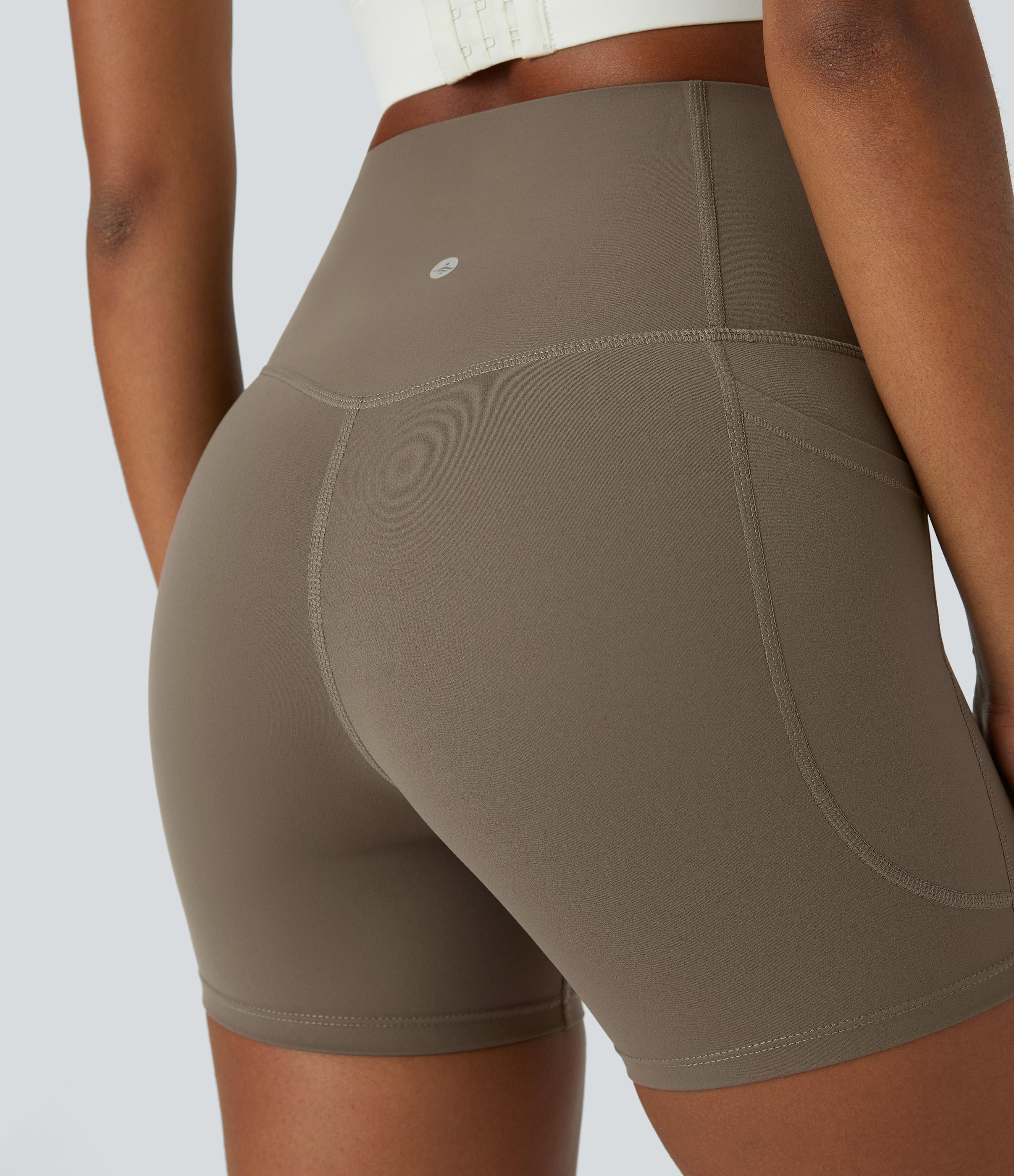Halara SoCinched High Waisted Tummy Control Side Pocket Shaping Training Biker Shorts 5``  - Dawn Brown - S biker shorts women 
