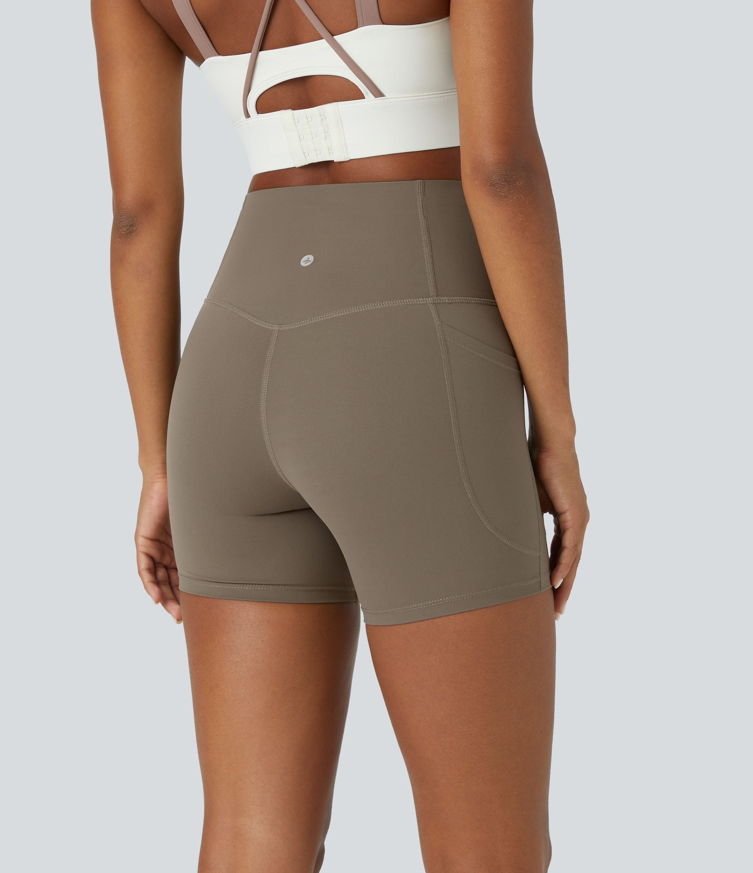 Halara SoCinched High Waisted Tummy Control Side Pocket Shaping Training Biker Shorts 5``  - Dawn Brown - S biker shorts women 