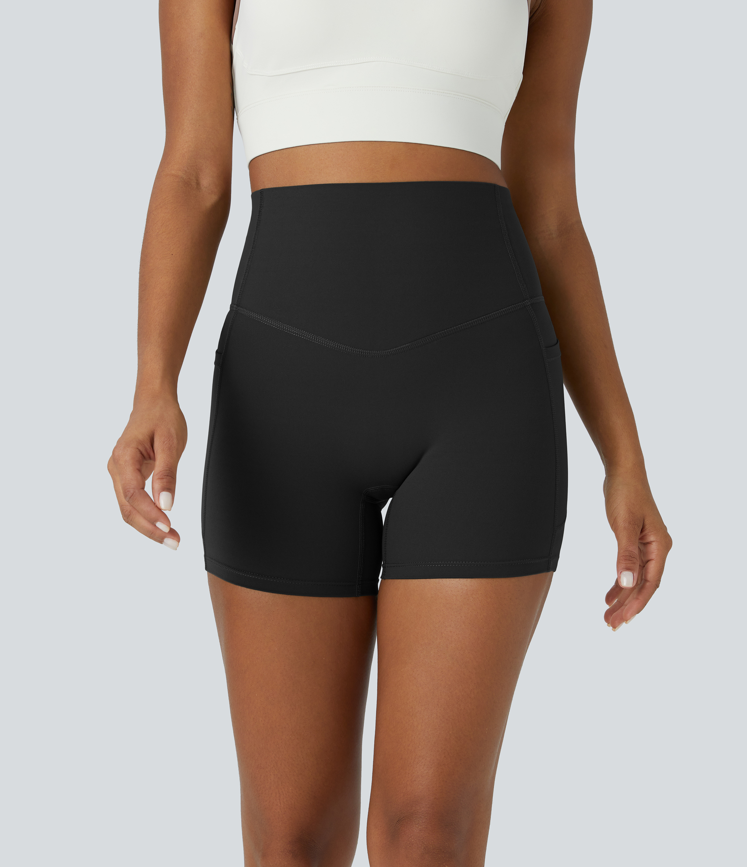 Halara SoCinched High Waisted Tummy Control Side Pocket Shaping Training Biker Shorts 5``  - Black - XS biker shorts women black biker shorts 