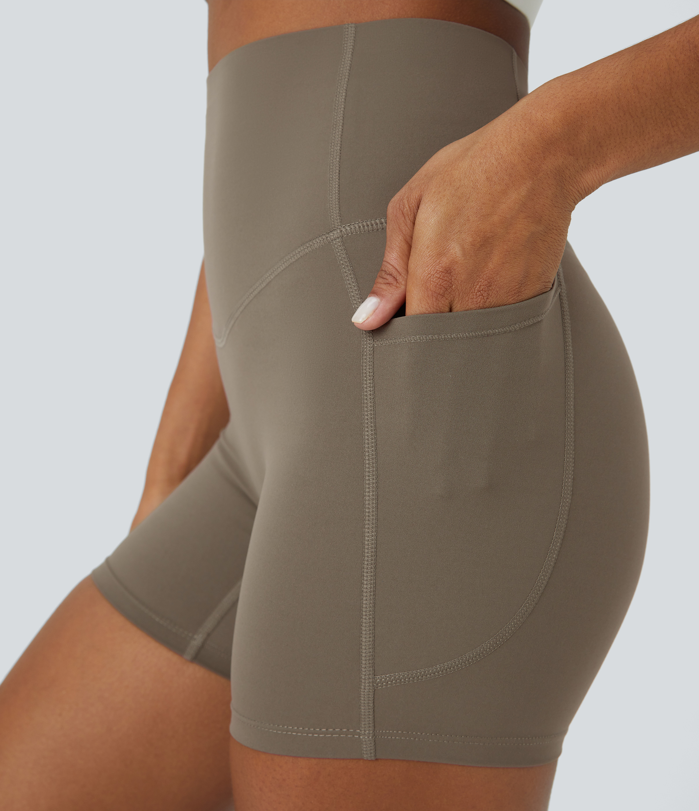 Halara SoCinched High Waisted Tummy Control Side Pocket Shaping Training Biker Shorts 5``  - Dawn Brown - S biker shorts women 
