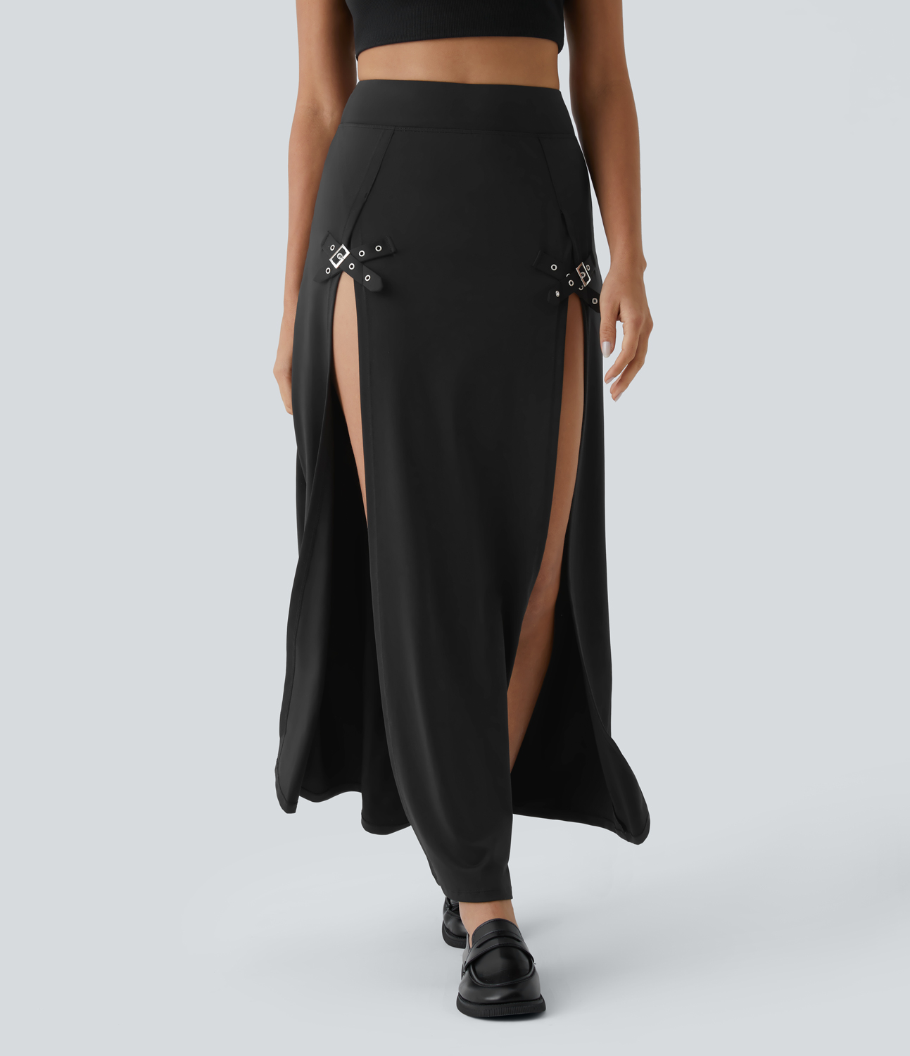 

Halara High Waisted Decorative Buckle Split 2-in-1 Maxi Casual Skirt - Black