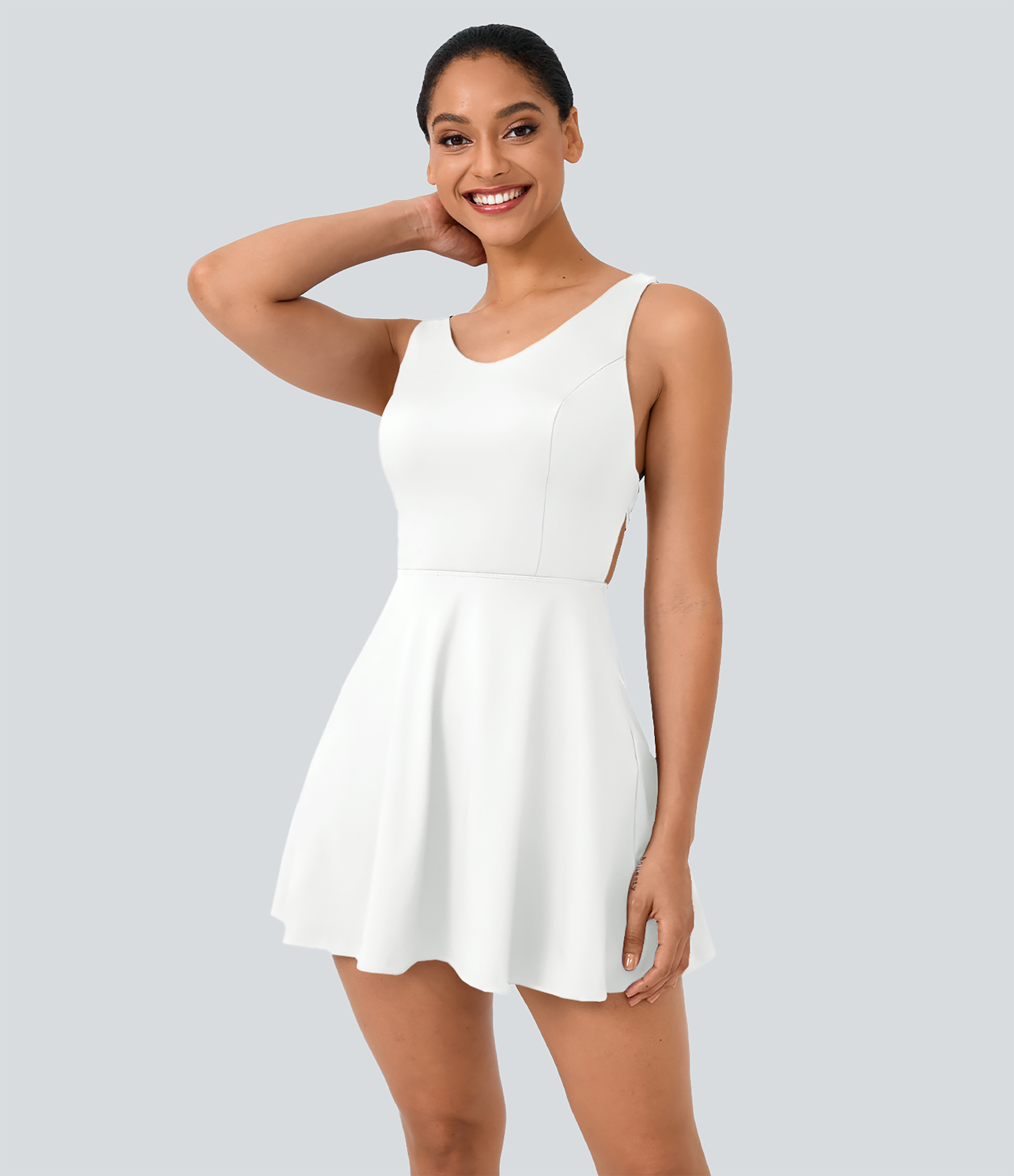 Halara Crisscross Backless Flare 2-Piece Pocket Dance Active Dress Workout Dress - White - M 