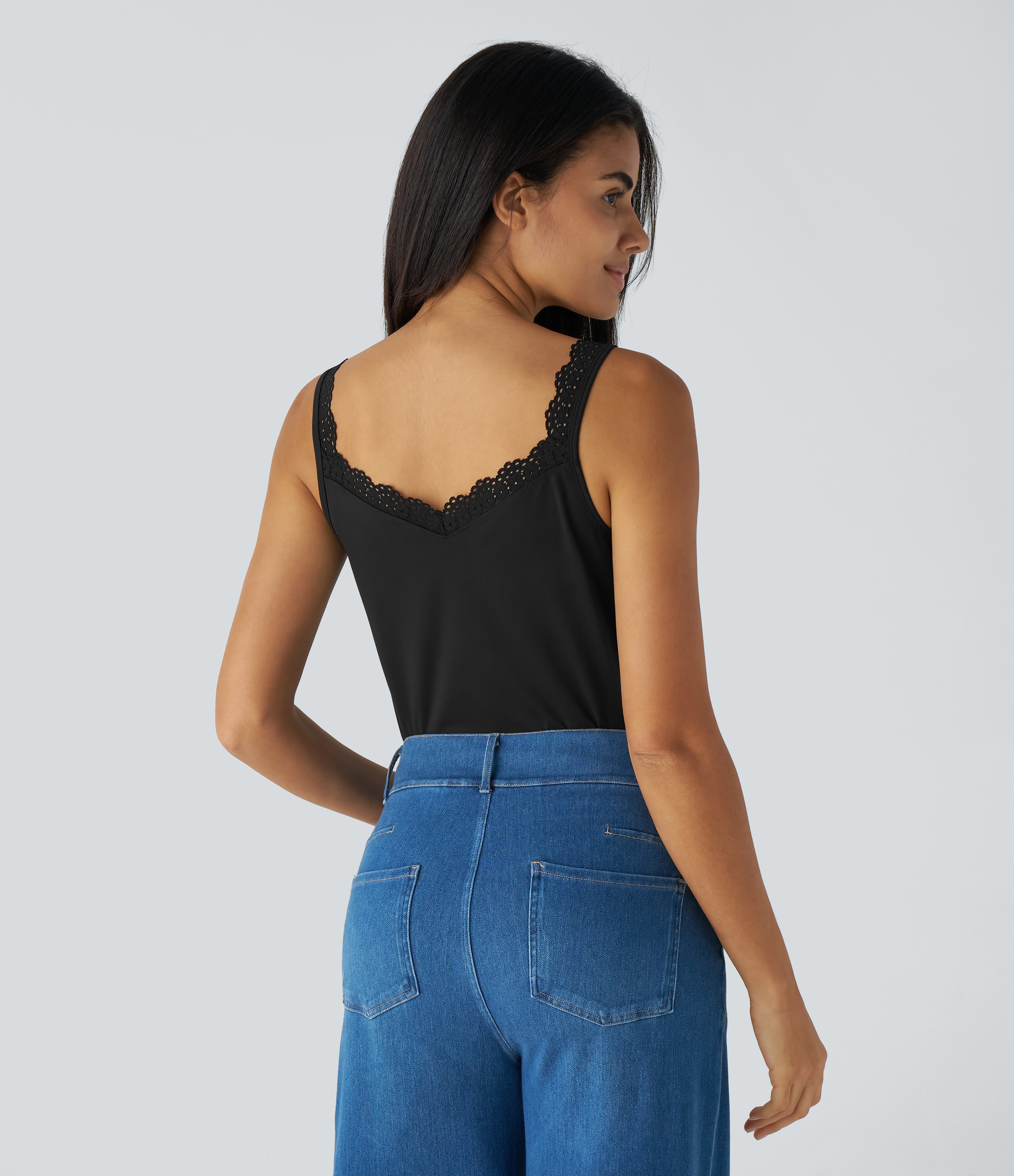 Halara Contrast Lace Backless Basic Casual Tank Top Tank Top - Black - L golf tops halter top tunic tops sleeveless tops backless top 