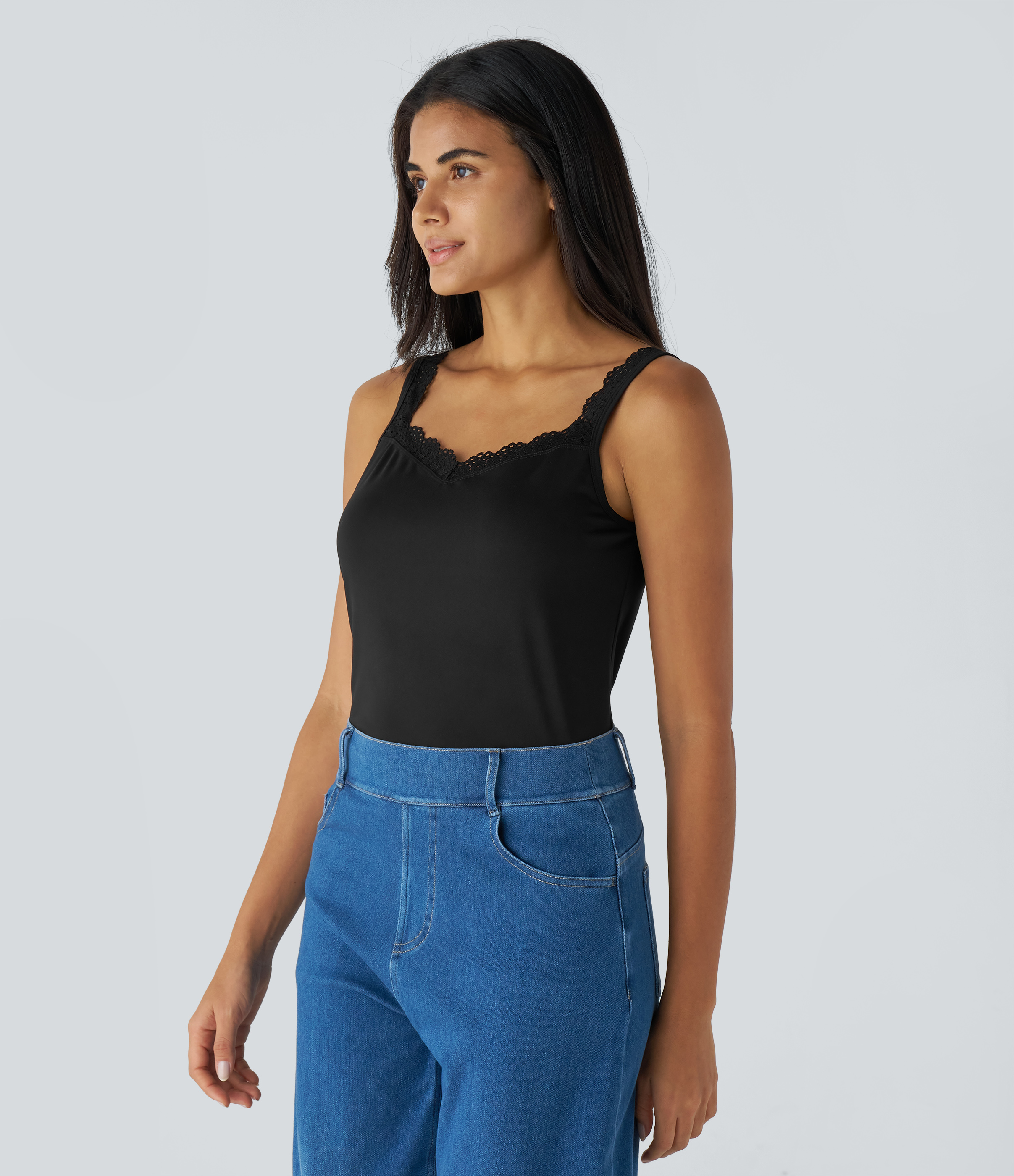 Halara Contrast Lace Backless Basic Casual Tank Top Tank Top - Black - L golf tops halter top tunic tops sleeveless tops backless top 