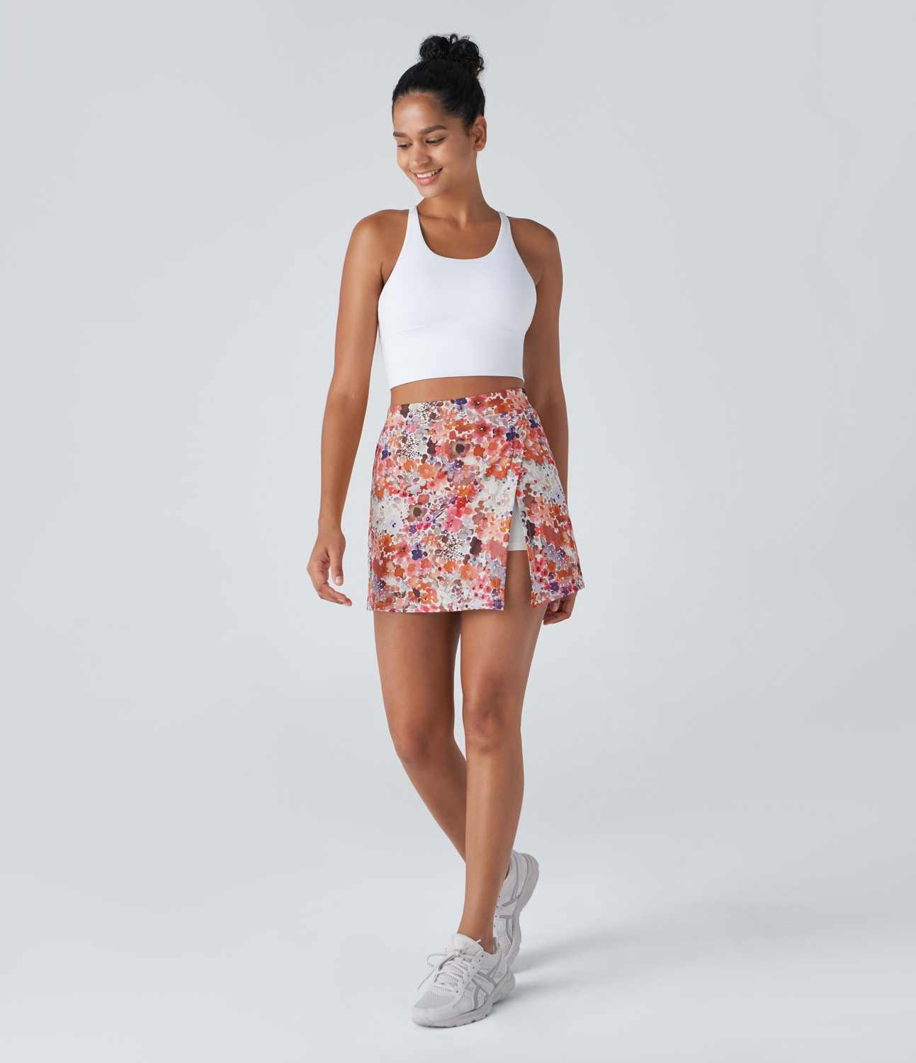 Halara High Waisted Split 2-in-1 Side Pocket Floral Print Mini Pickleball Skirt  - Creamy White Abstract Print - S(regular) 