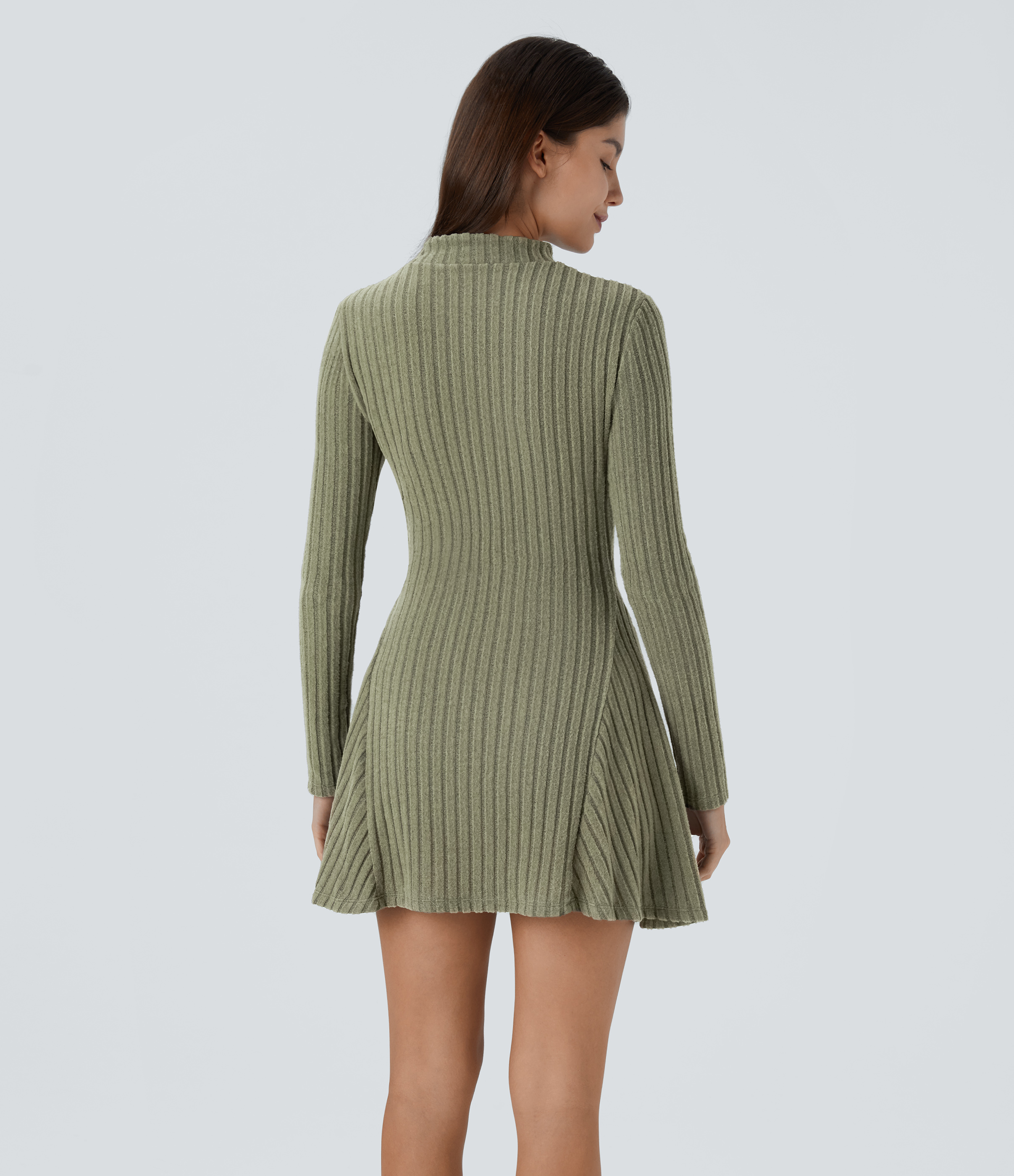 Moss Green Floral Velvet Vestido mini casual de punto acanalado con cuello alto y manga larga / 2