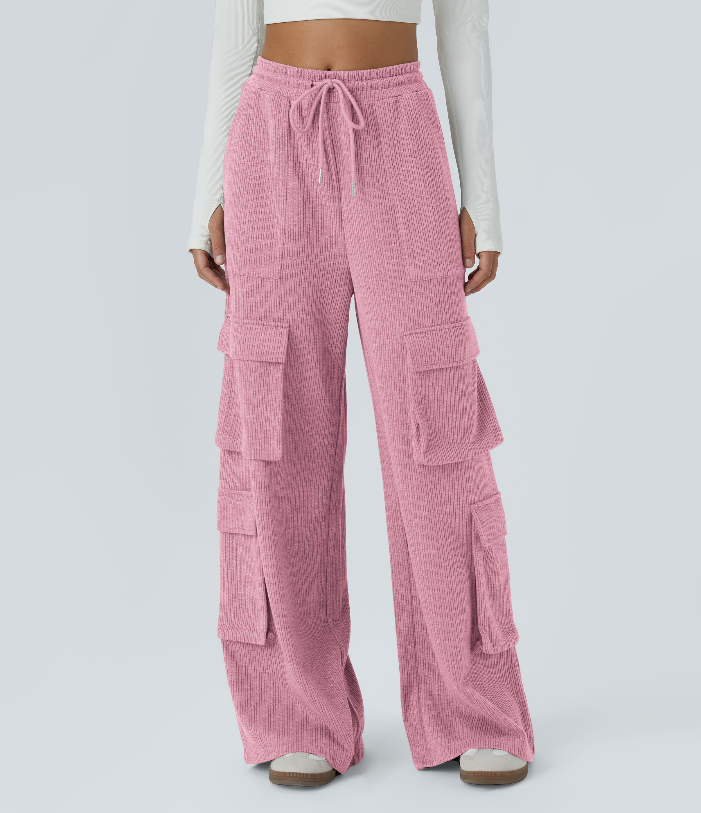 Women's Ribbed Mid Rise Drawstring Pockets Wide Leg Cargo