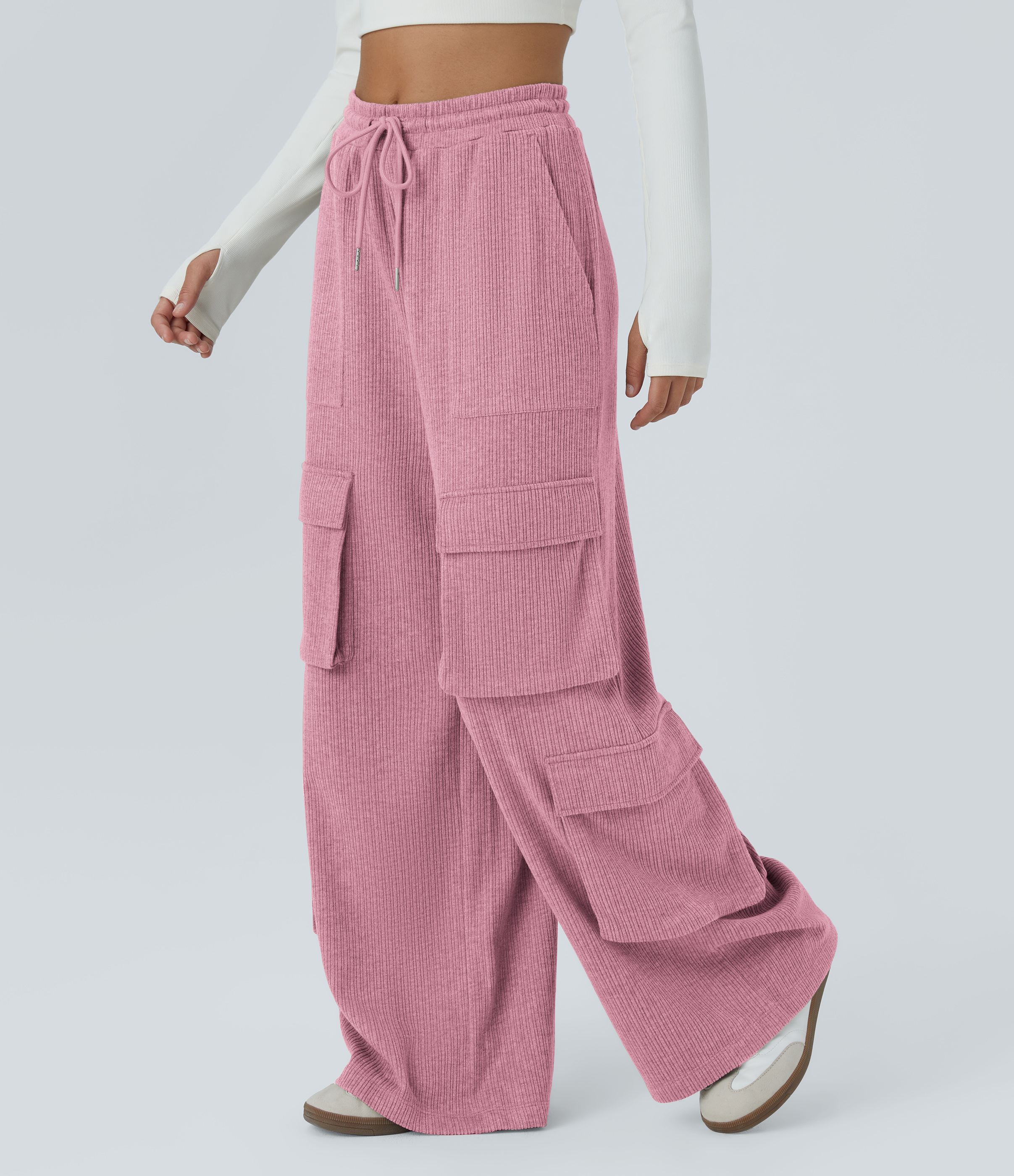 Halara Ribbed Mid Rise Drawstring Multiple Pockets Wide Leg Cargo Casual Pants  - Wild Rose - L(regular) sweatpants jogger pants 