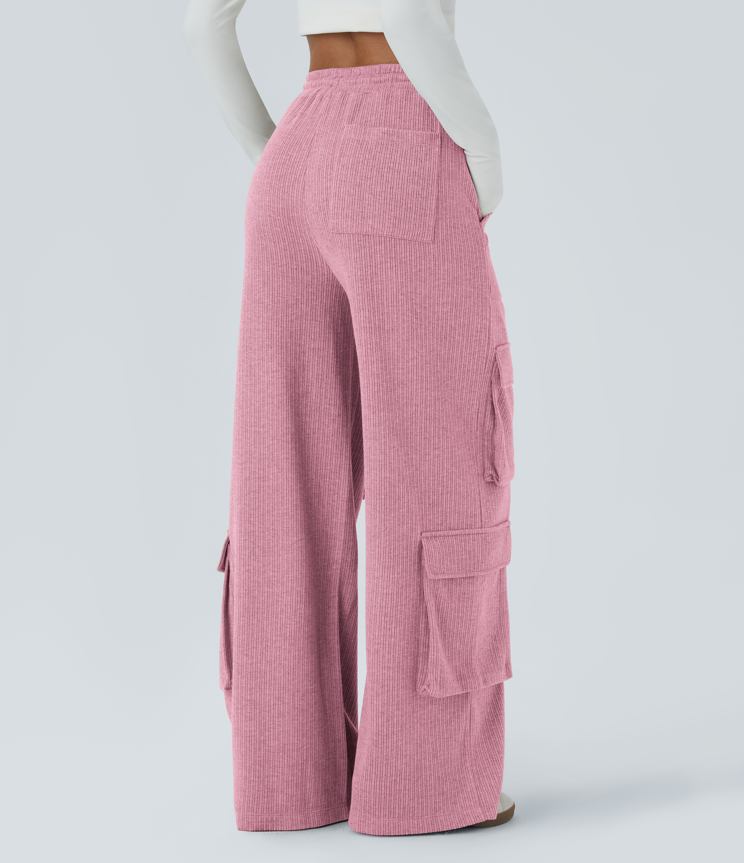 Halara Ribbed Mid Rise Drawstring Multiple Pockets Wide Leg Cargo Casual Pants  - Wild Rose - L(regular) sweatpants jogger pants 