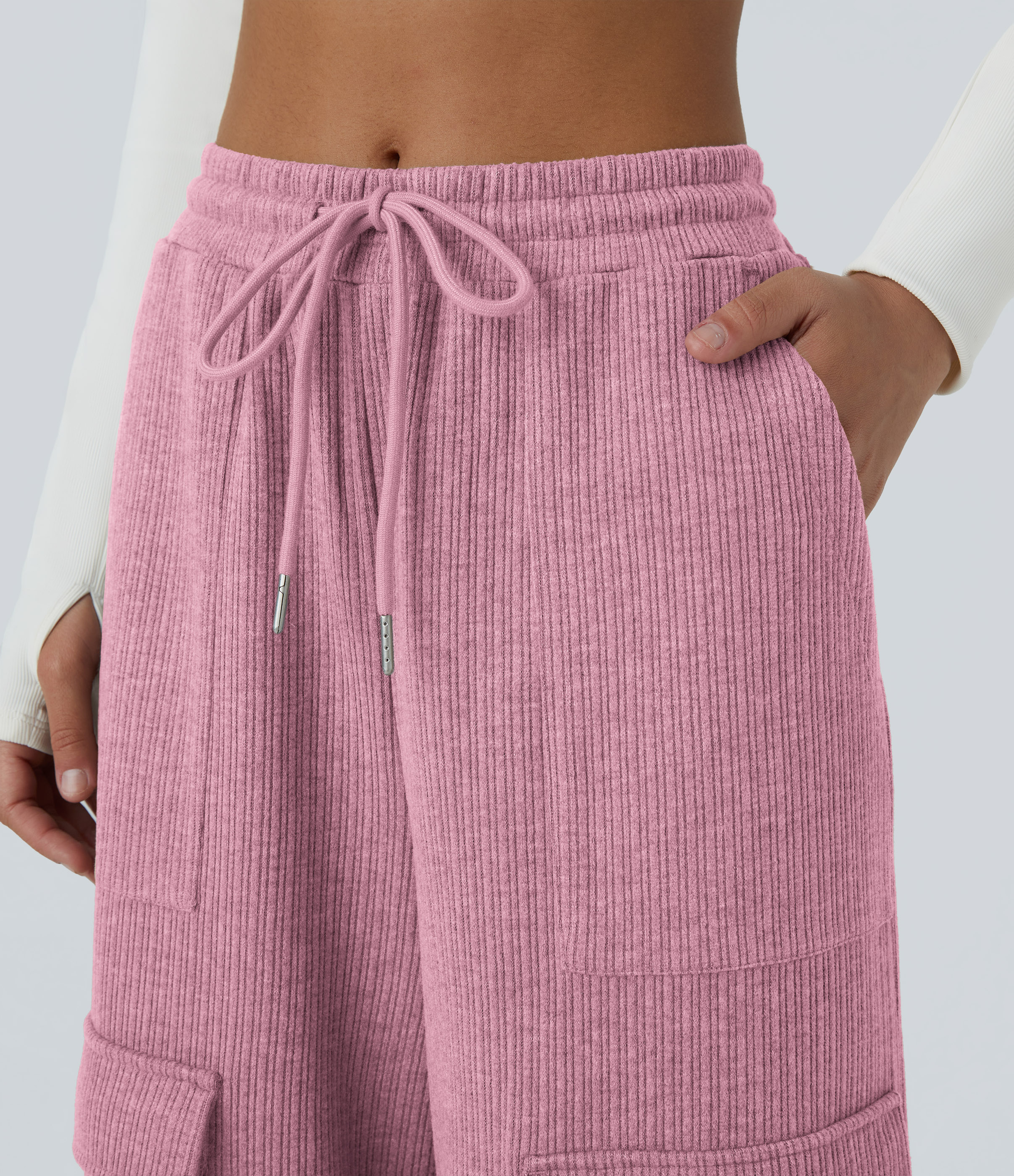 Halara Ribbed Mid Rise Drawstring Multiple Pockets Wide Leg Cargo Casual Pants  - Wild Rose - L(regular) sweatpants jogger pants 